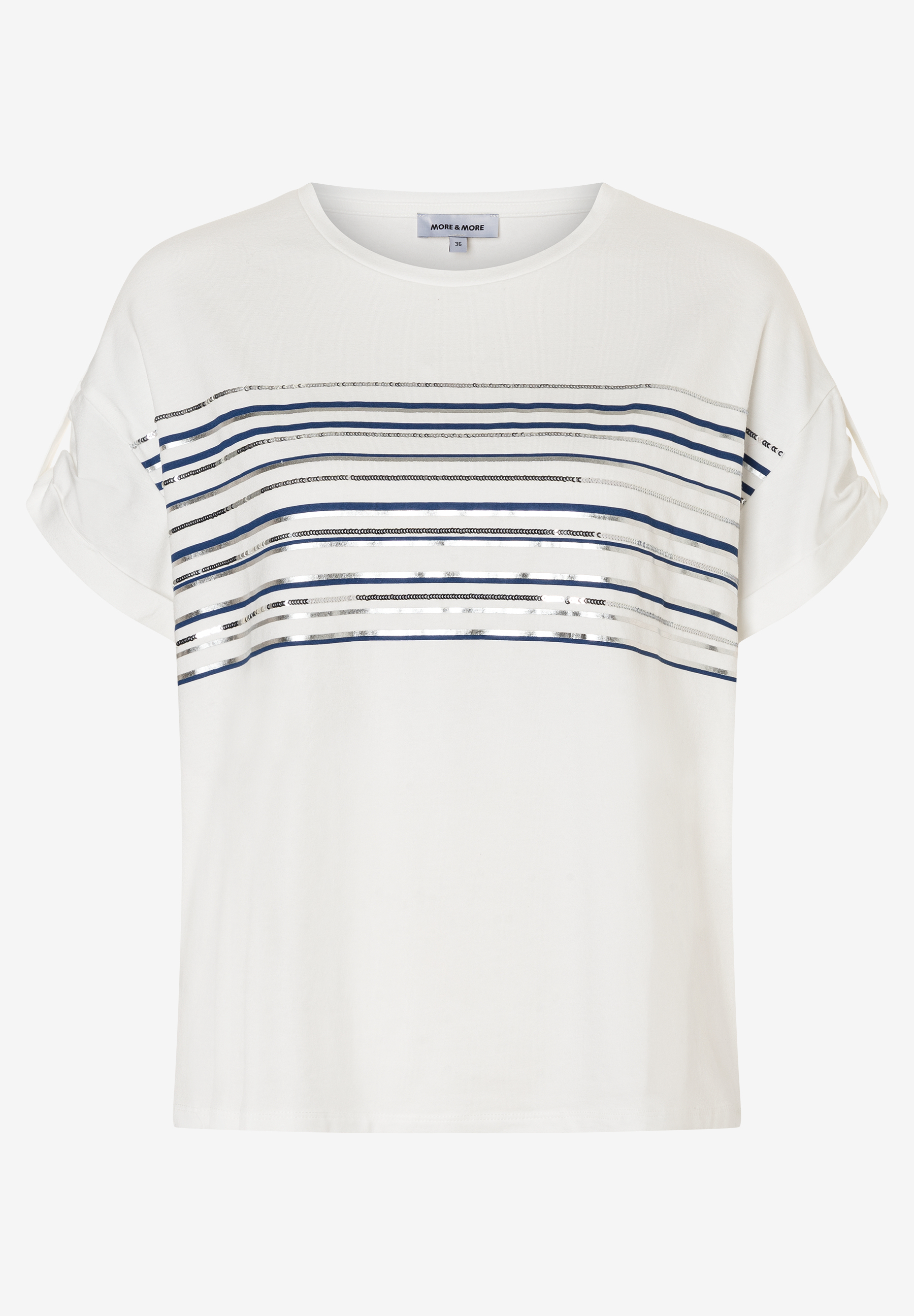 Ein weißes MORE & MORE T-Shirt mit horizontalen Streifen in Blau und Silberpailletten. Ein weißes MORE & MORE T-Shirt mit horizontalen Streifen in Blau und Silberpailletten.