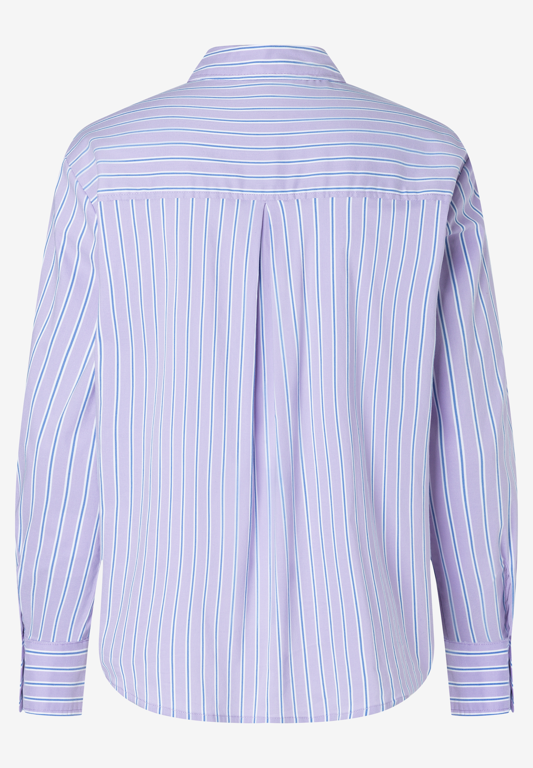 MORE & MORE Bluse: Lila Langarmbluse mit schmalen, vertikalen blauen & weißen Streifen, abgerundetem Saum. Hinten Querstreifen & Falten. MORE & MORE Bluse: Lila Langarmbluse mit schmalen, vertikalen blauen & weißen Streifen, abgerundetem Saum. Hinten Querstreifen & Falten.