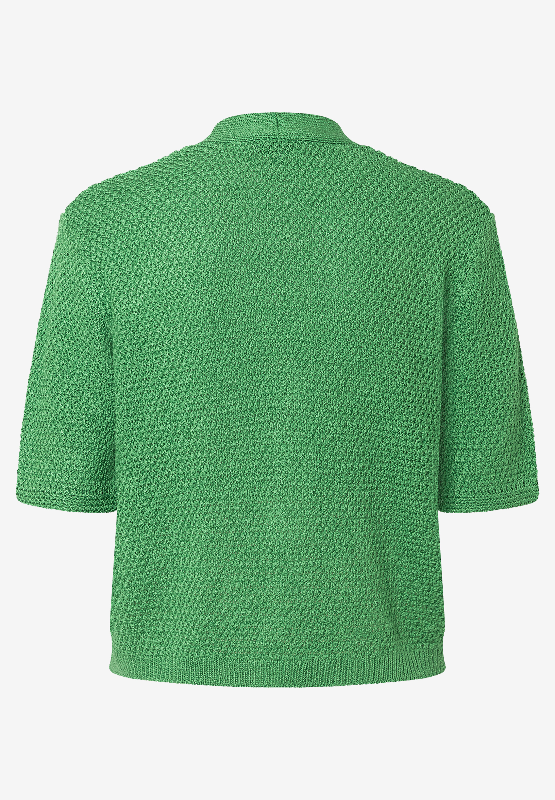 Rückansicht eines grünen MORE & MORE Strickpullovers mit kurzen Ärmeln. Rückansicht eines grünen MORE & MORE Strickpullovers mit kurzen Ärmeln.