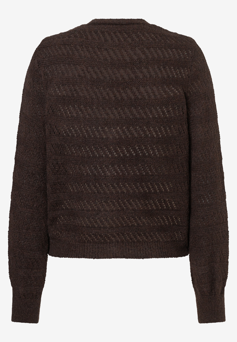 MORE & MORE Pullover: Dunkelbrauner Strickpullover mit eingesticktem Rautenmuster und Bündchen an Ärmeln und Saum. MORE & MORE Pullover: Dunkelbrauner Strickpullover mit eingesticktem Rautenmuster und Bündchen an Ärmeln und Saum.