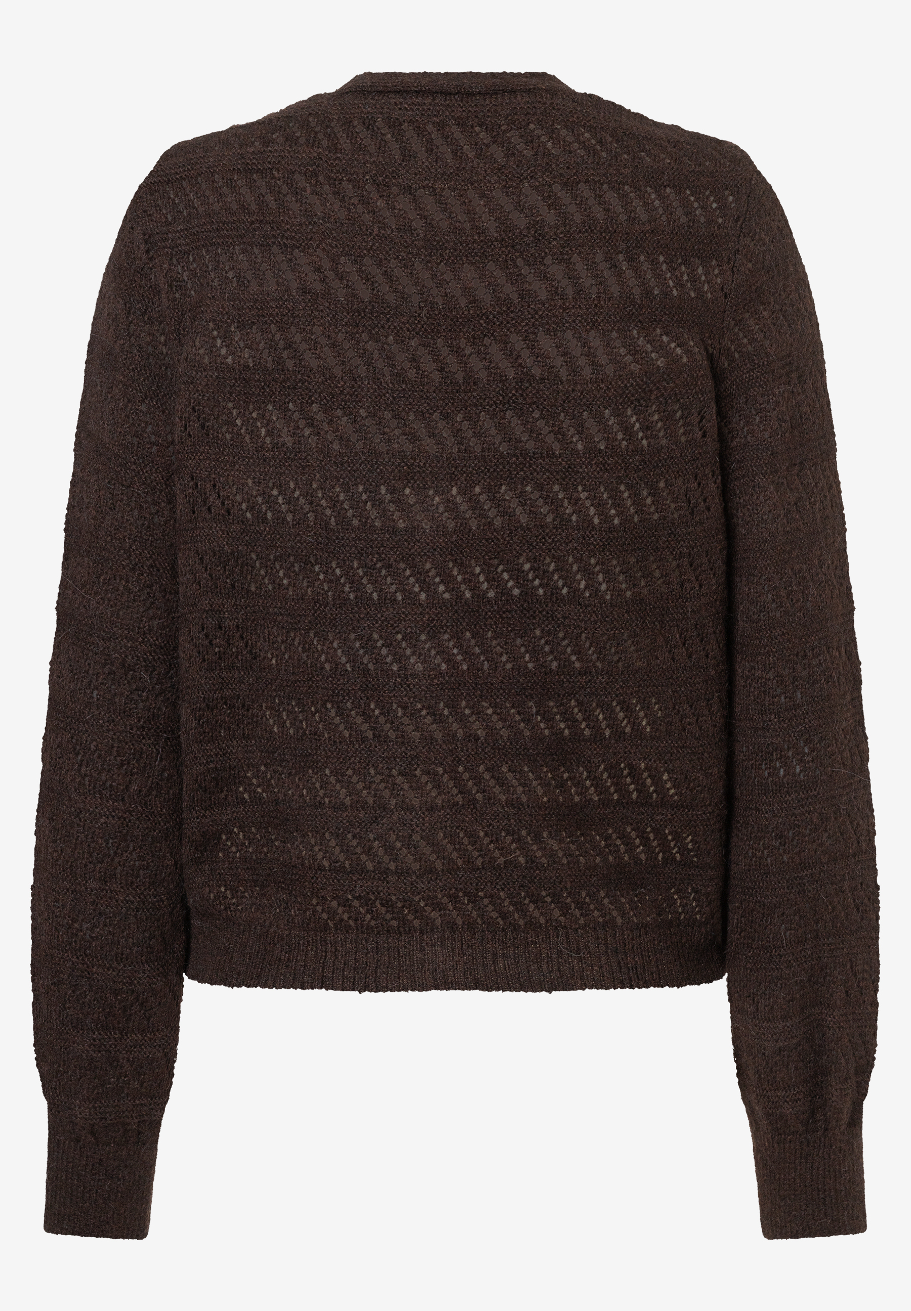 MORE & MORE Pullover: Dunkelbrauner Strickpullover mit eingesticktem Rautenmuster und Bündchen an Ärmeln und Saum. MORE & MORE Pullover: Dunkelbrauner Strickpullover mit eingesticktem Rautenmuster und Bündchen an Ärmeln und Saum.