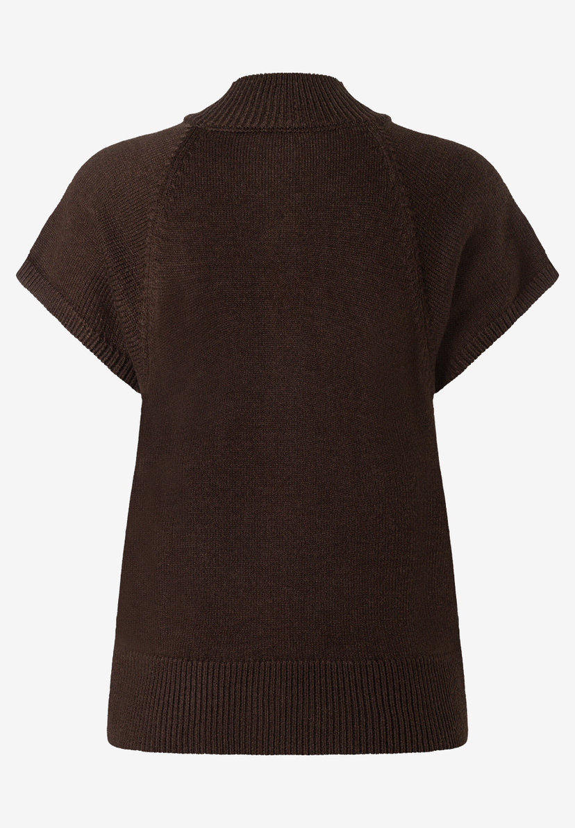 MORE & MORE Kurzarm-Pullover aus Strick in Dunkelbraun mit Rippenbündchen, Rückansicht.