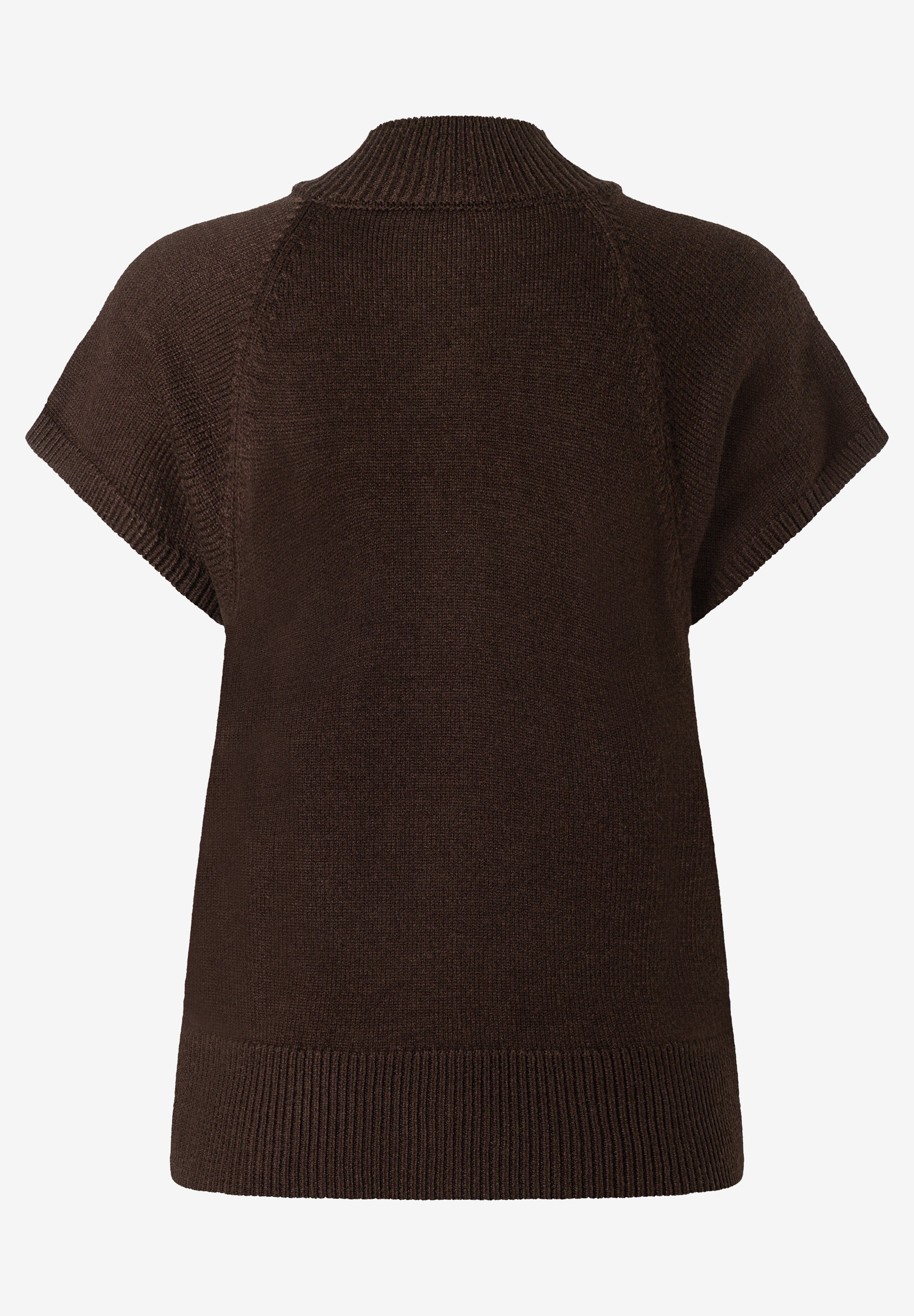MORE & MORE Kurzarm-Pullover aus Strick in Dunkelbraun mit Rippenbündchen, Rückansicht. MORE & MORE Kurzarm-Pullover aus Strick in Dunkelbraun mit Rippenbündchen, Rückansicht.