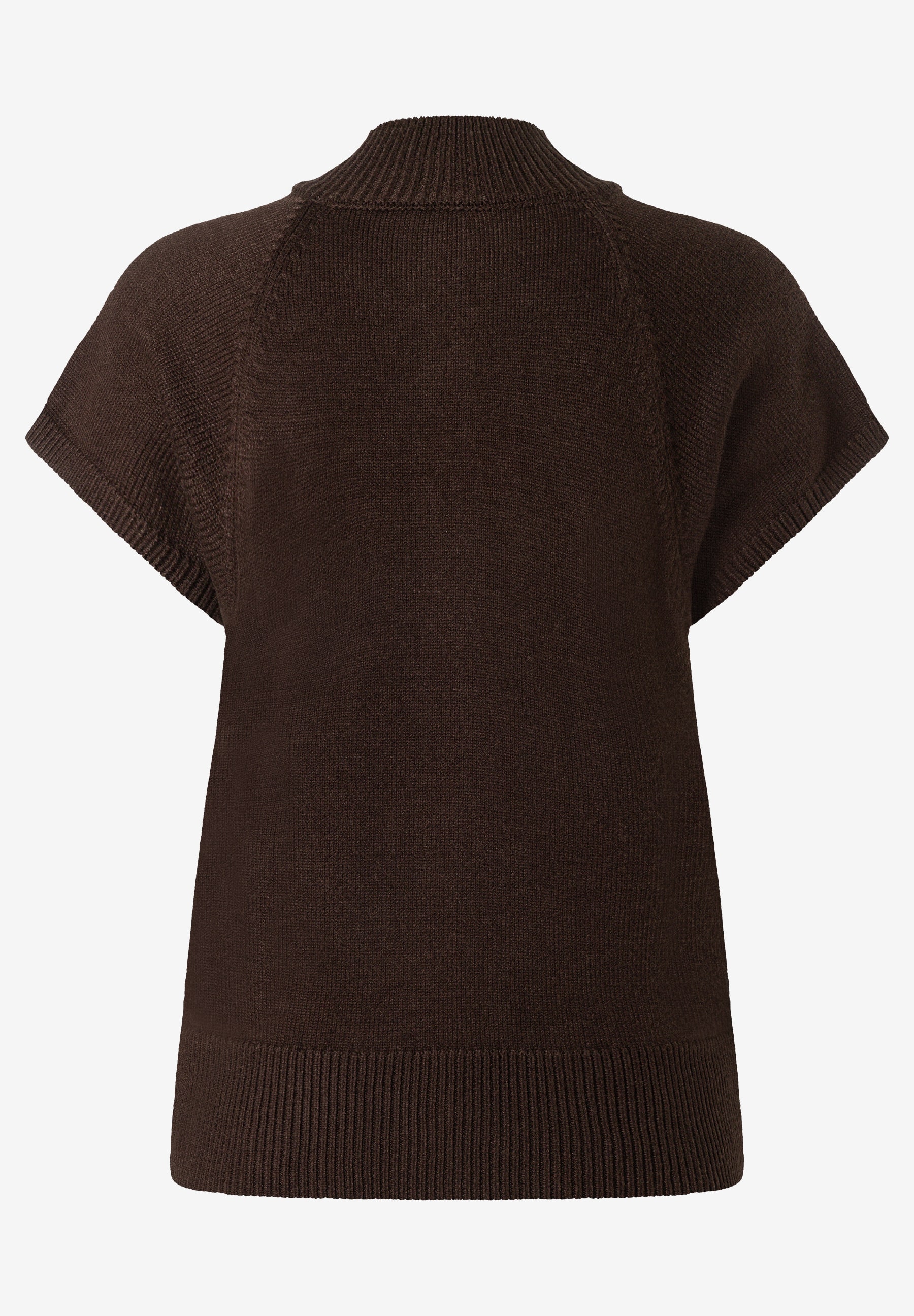 MORE & MORE Kurzarm-Pullover aus Strick in Dunkelbraun mit Rippenbündchen, Rückansicht. MORE & MORE Kurzarm-Pullover aus Strick in Dunkelbraun mit Rippenbündchen, Rückansicht.