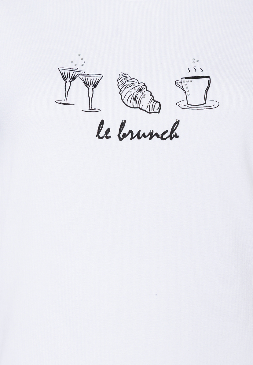 Weißes MORE & MORE Oberteil mit "Le Brunch"-Motiv, bestehend aus Sekt, Croissant und Kaffee. Weißes MORE & MORE Oberteil mit "Le Brunch"-Motiv, bestehend aus Sekt, Croissant und Kaffee.