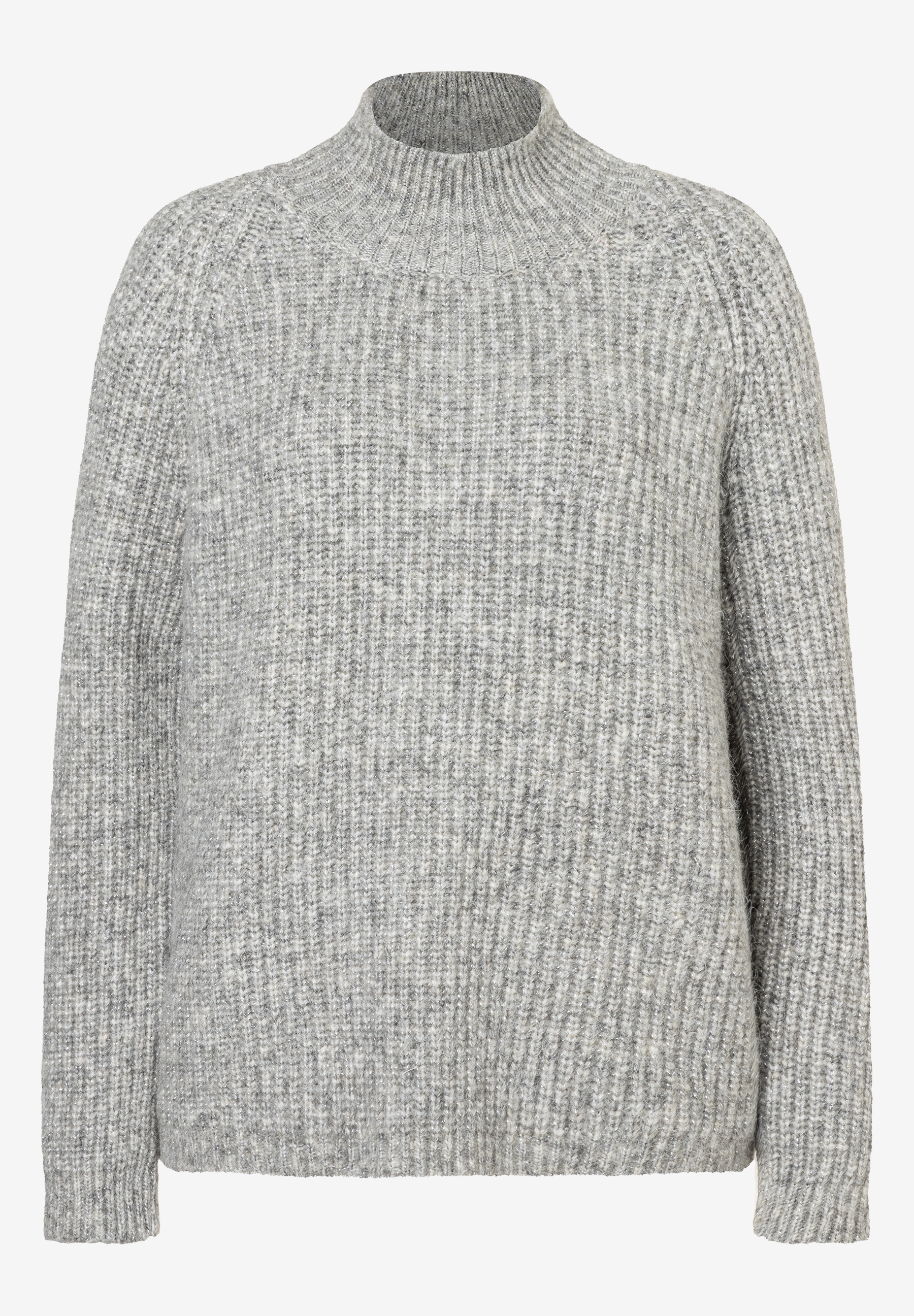 Ein grauer Strickpullover von MORE & MORE mit hohem Kragen. Der Pullover hat eine melierte Textur und lange Ärmel. Ein grauer Strickpullover von MORE & MORE mit hohem Kragen. Der Pullover hat eine melierte Textur und lange Ärmel.