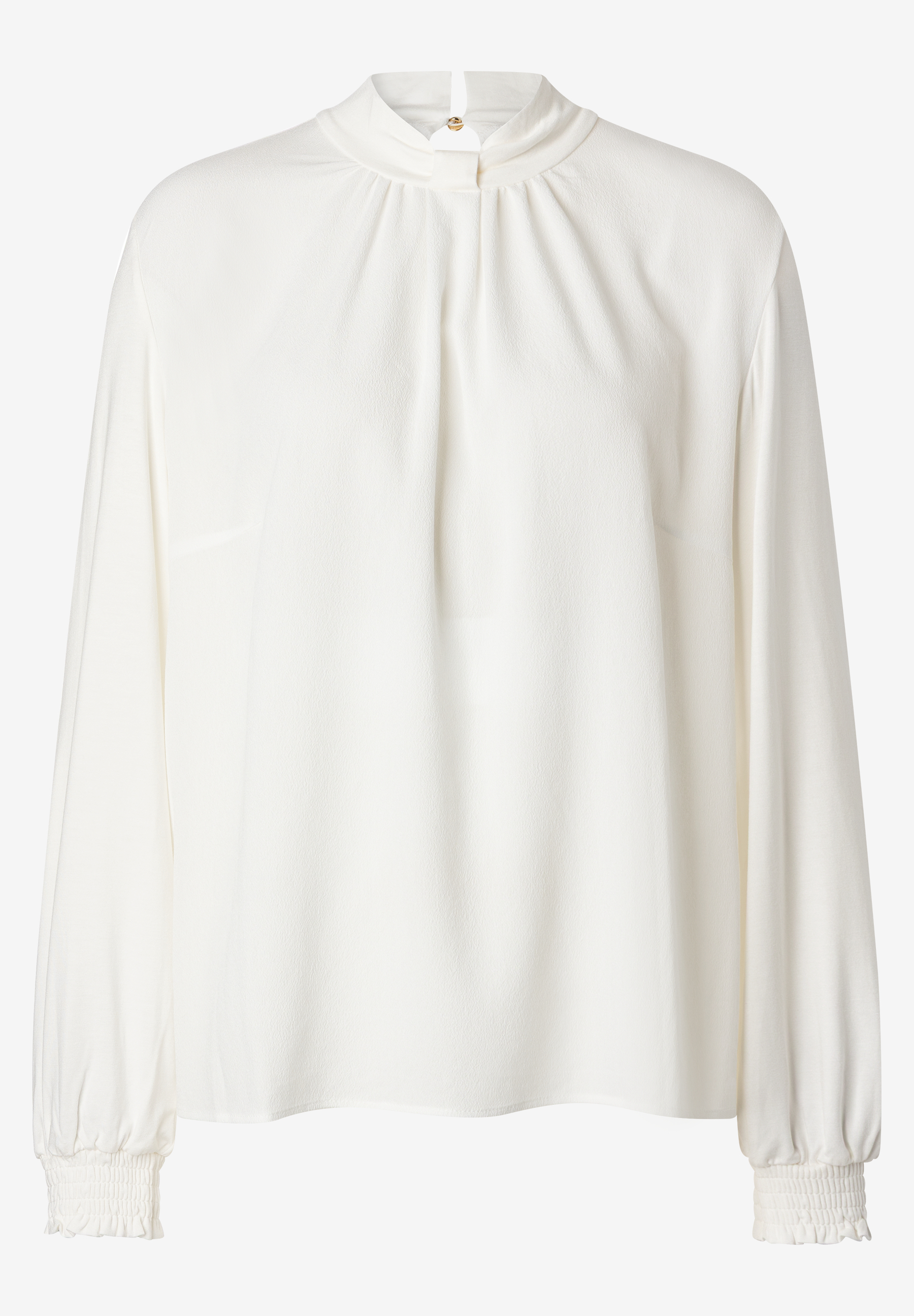 MORE & MORE Bluse in Offwhite mit Stehkragen und gerafften Ärmelbündchen, mittig goldener Knopf