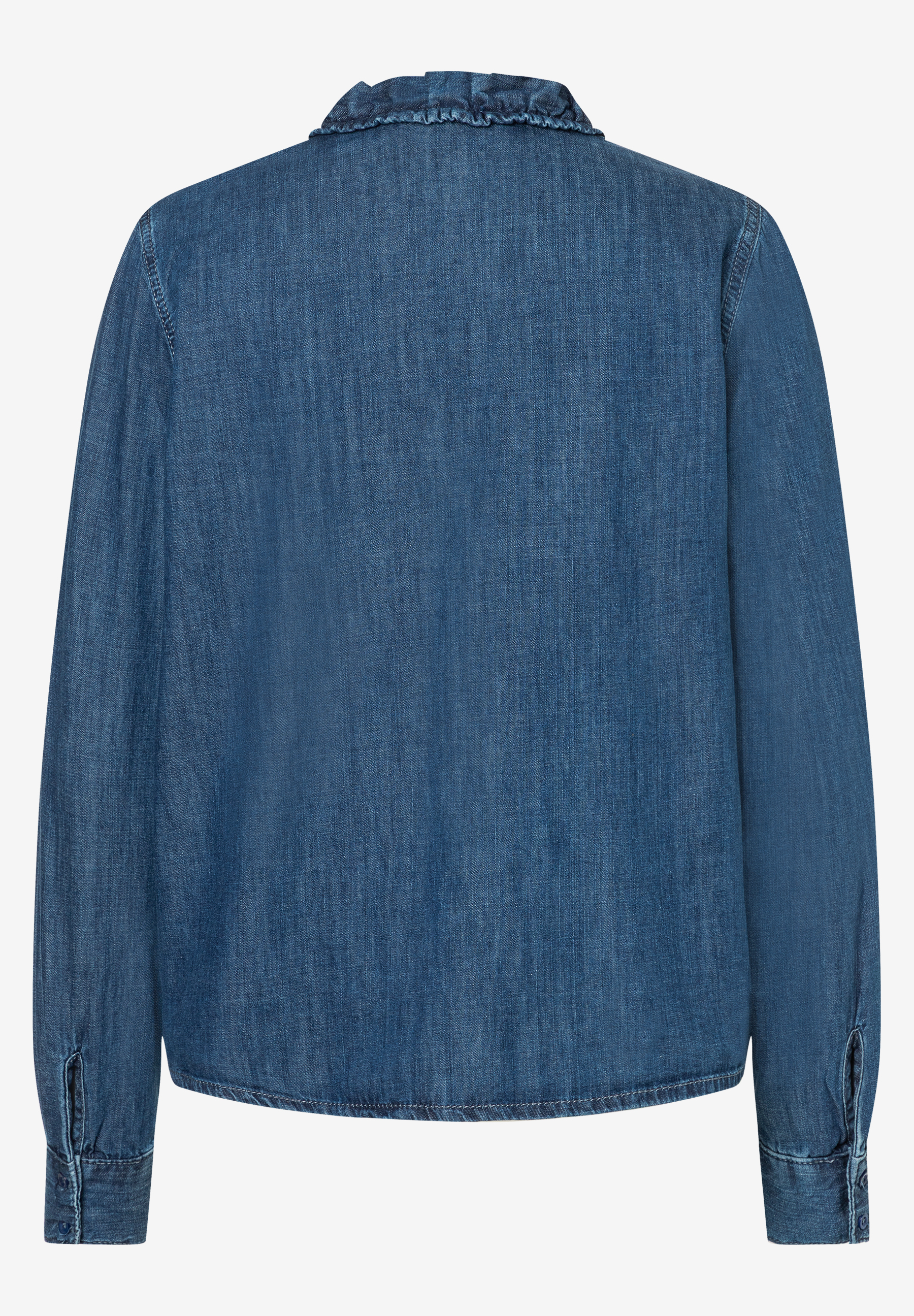 Rückenansicht einer MORE & MORE Bluse mit langen Ärmeln in Denim-Optik. Rückenansicht einer MORE & MORE Bluse mit langen Ärmeln in Denim-Optik.