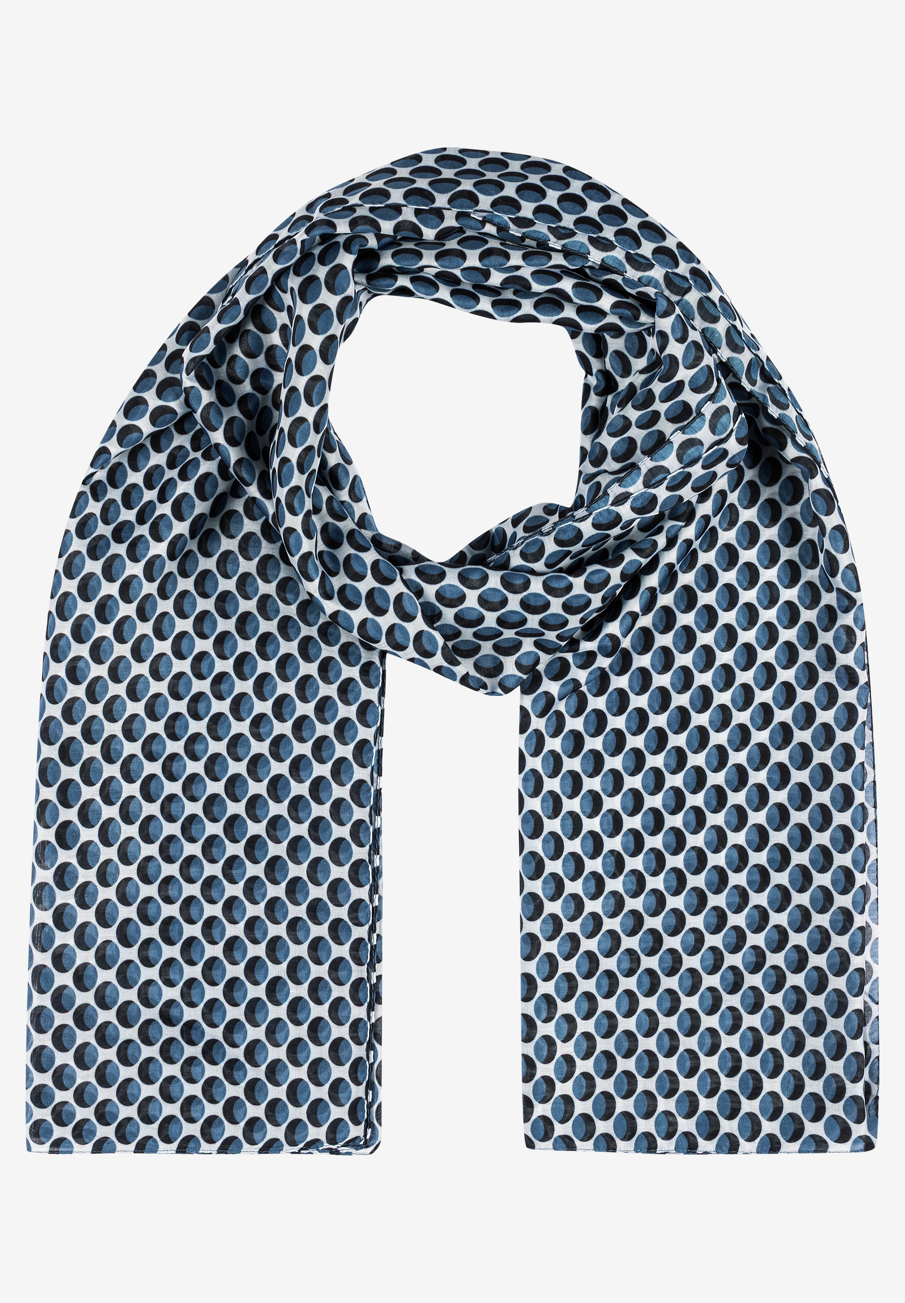 Ein MORE & MORE Accessoire: Blauer Schal mit abstraktem Muster aus Kreisen vor hellem Hintergrund. Ein MORE & MORE Accessoire: Blauer Schal mit abstraktem Muster aus Kreisen vor hellem Hintergrund.