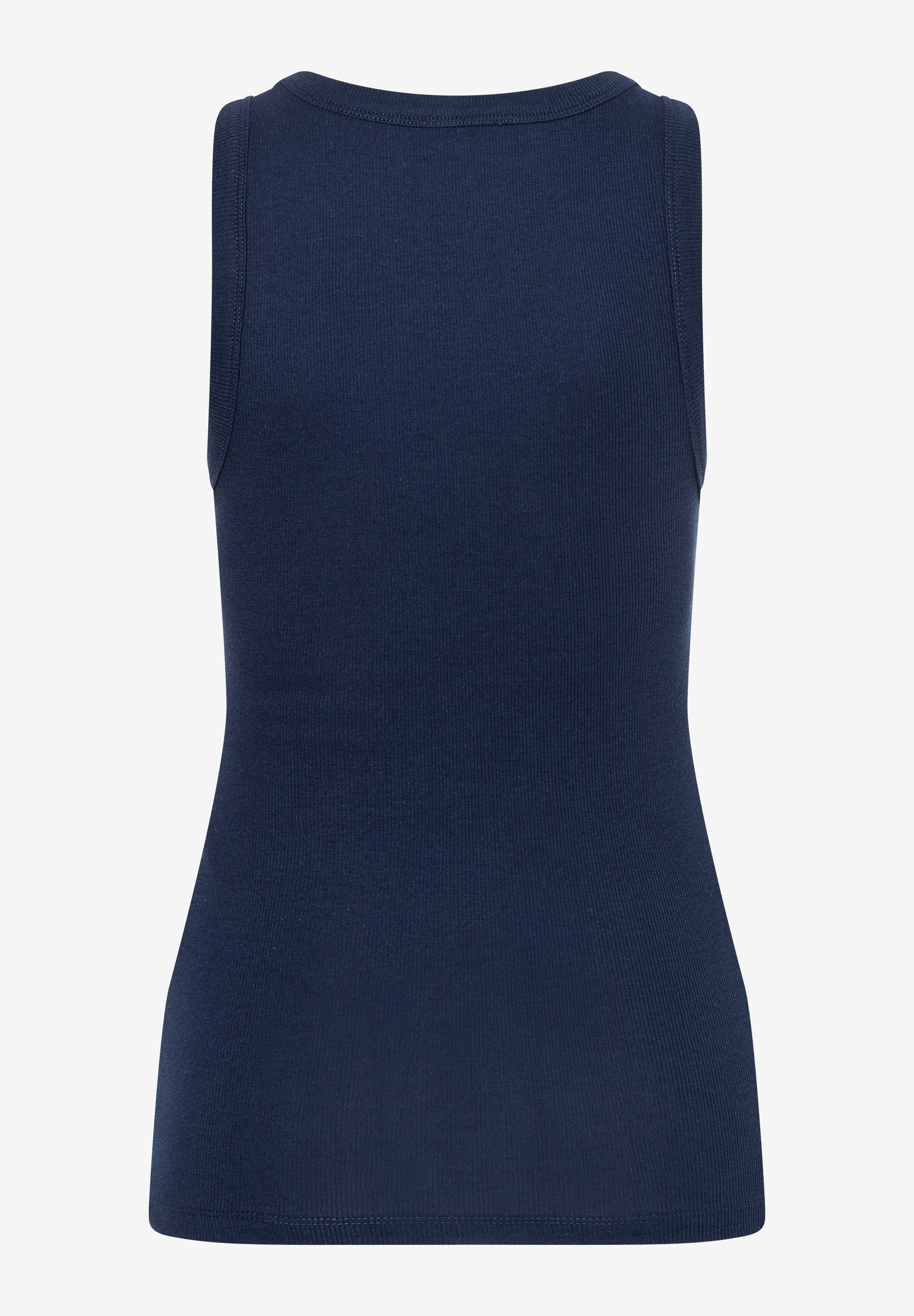 Ein marineblaues MORE & MORE Top, gerippt, ohne Ärmel, mit rundem Halsausschnitt, von hinten fotografiert. Ein marineblaues MORE & MORE Top, gerippt, ohne Ärmel, mit rundem Halsausschnitt, von hinten fotografiert.