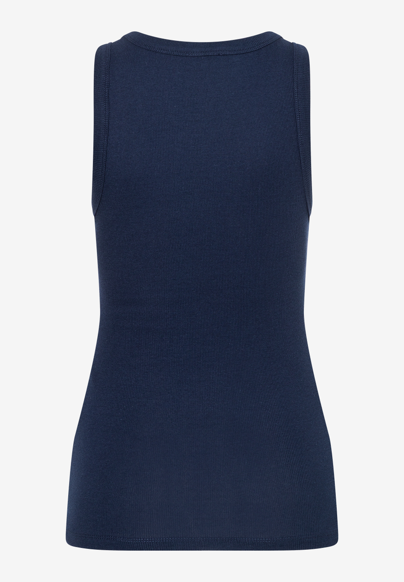 Ein marineblaues MORE & MORE Top, gerippt, ohne Ärmel, mit rundem Halsausschnitt, von hinten fotografiert. Ein marineblaues MORE & MORE Top, gerippt, ohne Ärmel, mit rundem Halsausschnitt, von hinten fotografiert.