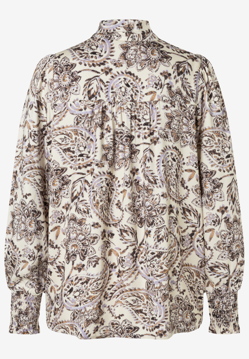 MORE & MORE Bluse: gemusterte Bluse mit Paisley-Muster in Erdtönen, Braun und Lila, hochgeschlossenem Kragen und gerafften Ärmeln.