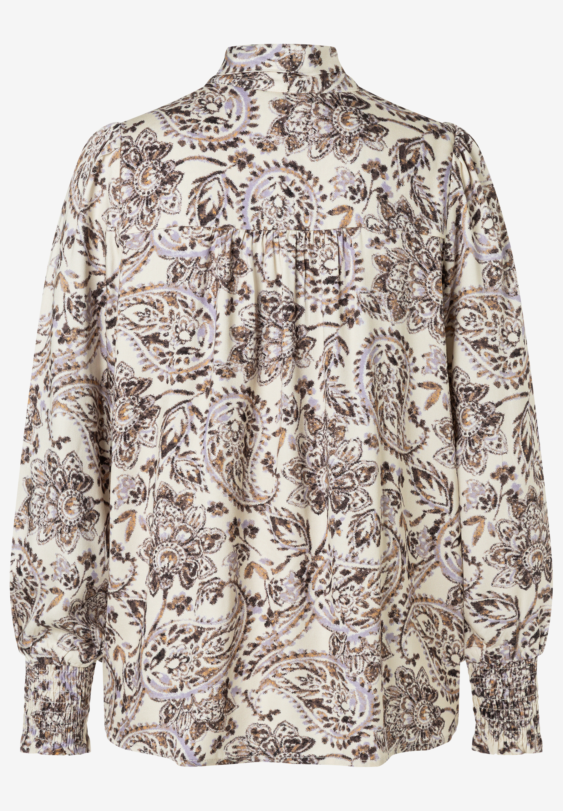 MORE & MORE Bluse: gemusterte Bluse mit Paisley-Muster in Erdtönen, Braun und Lila, hochgeschlossenem Kragen und gerafften Ärmeln. MORE & MORE Bluse: gemusterte Bluse mit Paisley-Muster in Erdtönen, Braun und Lila, hochgeschlossenem Kragen und gerafften Ärmeln.