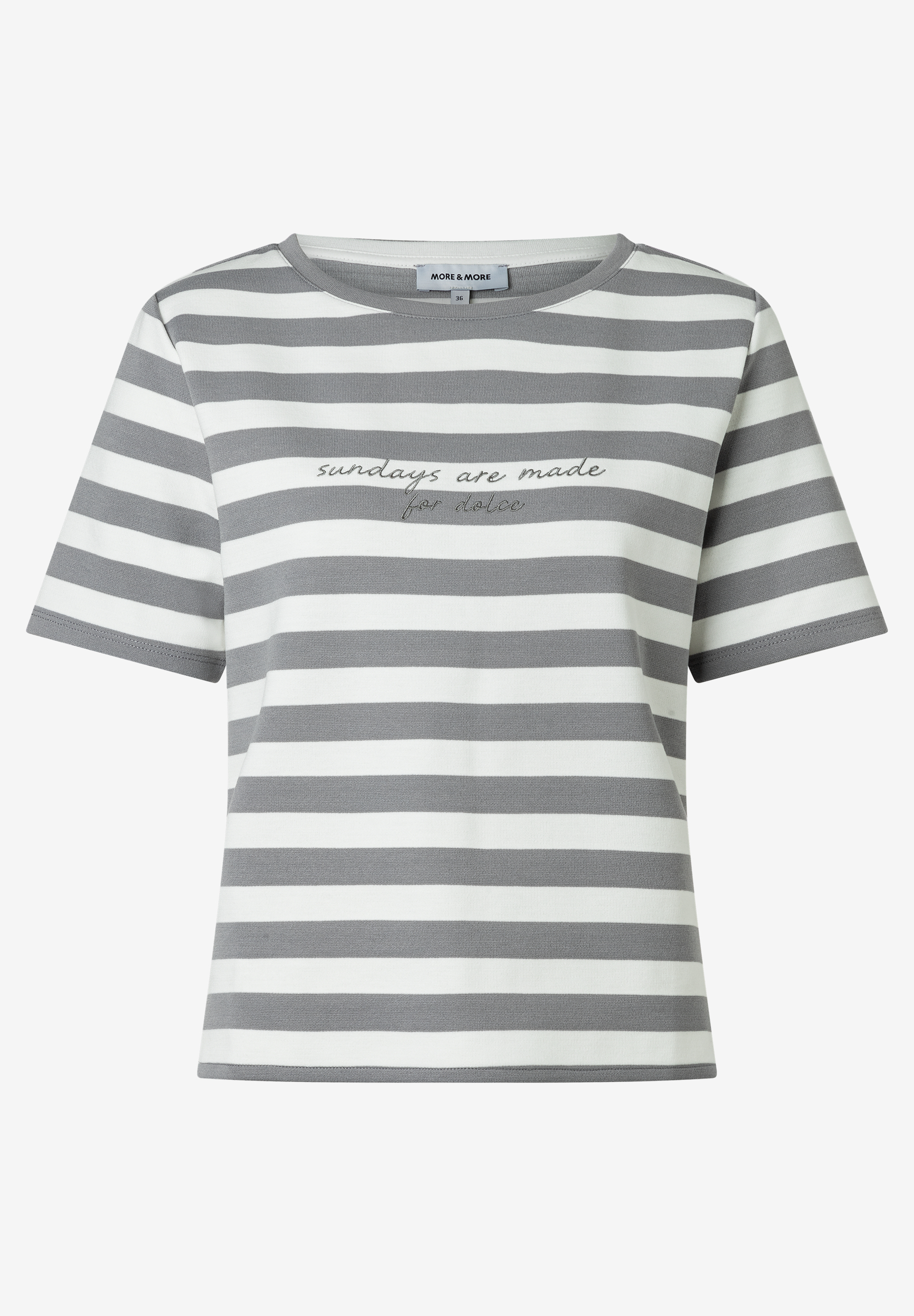 Ein gestreiftes MORE & MORE T-Shirt mit kurzem Arm und Rundhalsausschnitt liegt vor einem weißen Hintergrund. Ein gestreiftes MORE & MORE T-Shirt mit kurzem Arm und Rundhalsausschnitt liegt vor einem weißen Hintergrund.