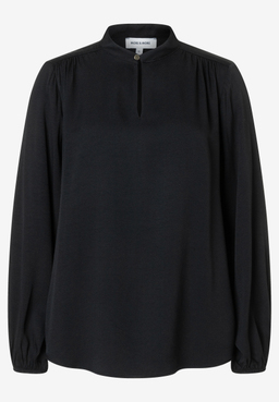 MORE & MORE schwarze Bluse mit Stehkragen, V-Ausschnitt, goldenem Knopfverschluss und langen Ärmeln mit elastischen Bündchen