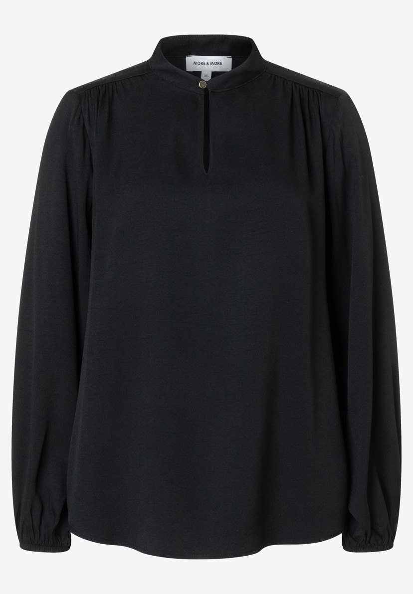 MORE & MORE schwarze Bluse mit Stehkragen, V-Ausschnitt, goldenem Knopfverschluss und langen Ärmeln mit elastischen Bündchen