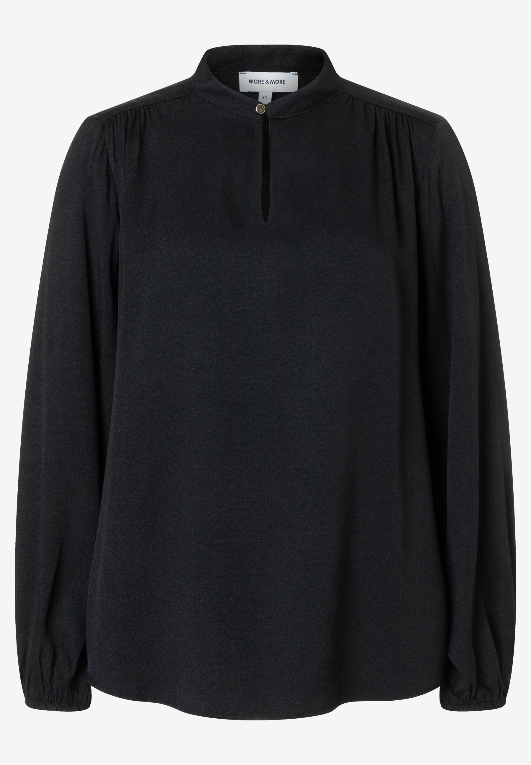MORE & MORE schwarze Bluse mit Stehkragen, V-Ausschnitt, goldenem Knopfverschluss und langen Ärmeln mit elastischen Bündchen