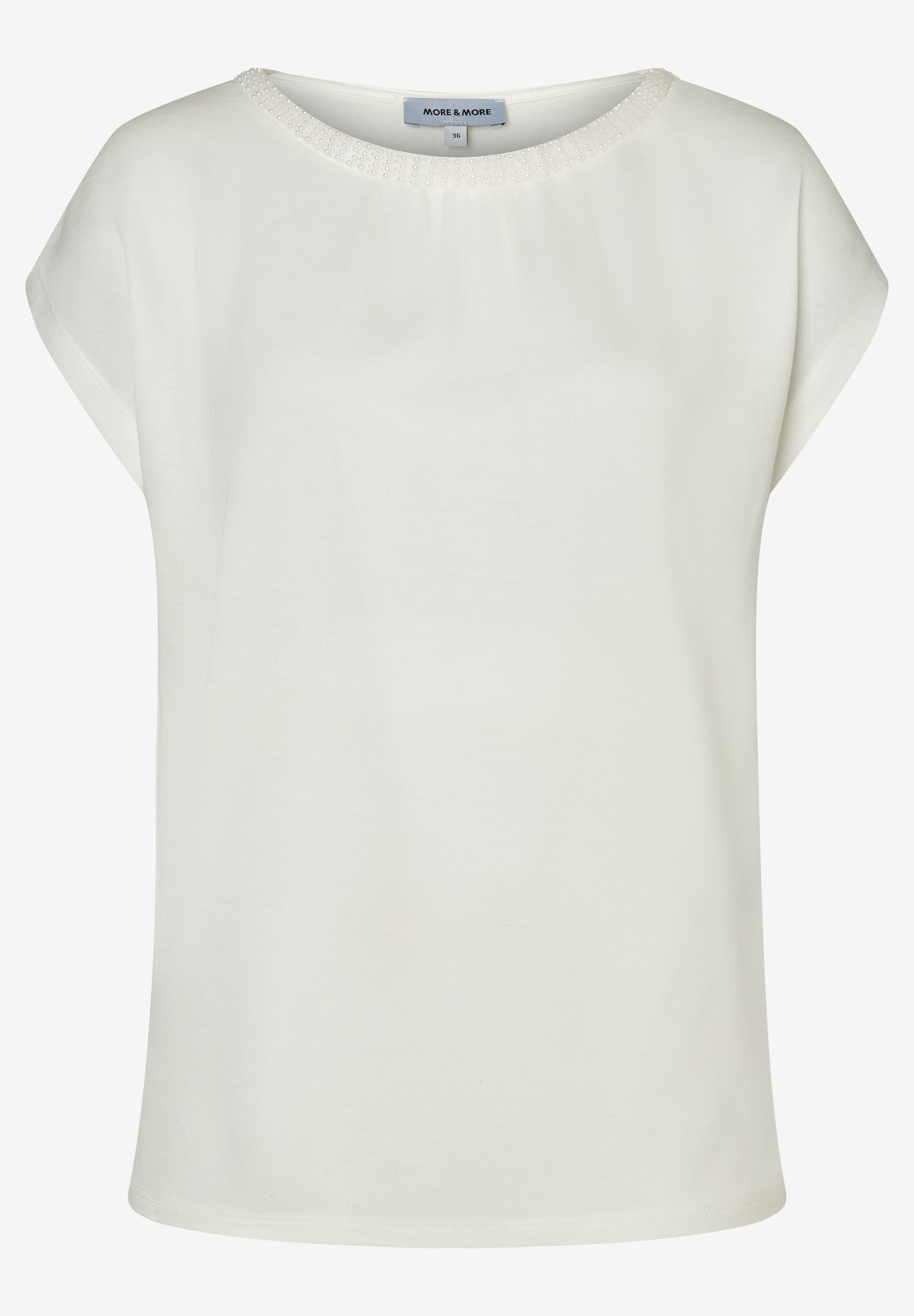 Ein weißes MORE & MORE Jersey-Top mit kurzem Arm und Perlen am Rundhals. Ein weißes MORE & MORE Jersey-Top mit kurzem Arm und Perlen am Rundhals.