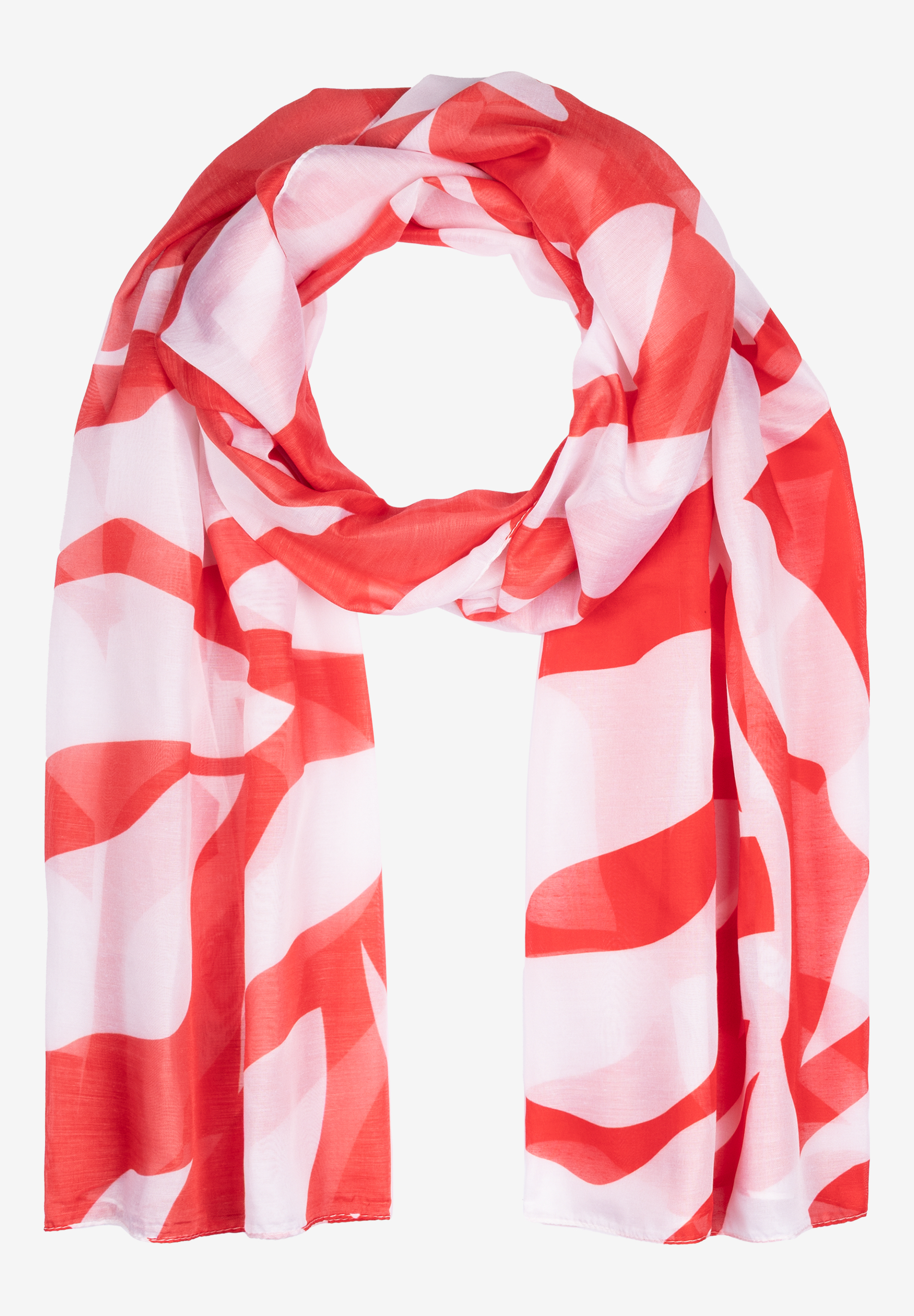 Ein roter und weißer MORE & MORE Schal mit einem abstrakten Muster, drapiert auf einem neutralen Hintergrund. Ein roter und weißer MORE & MORE Schal mit einem abstrakten Muster, drapiert auf einem neutralen Hintergrund.