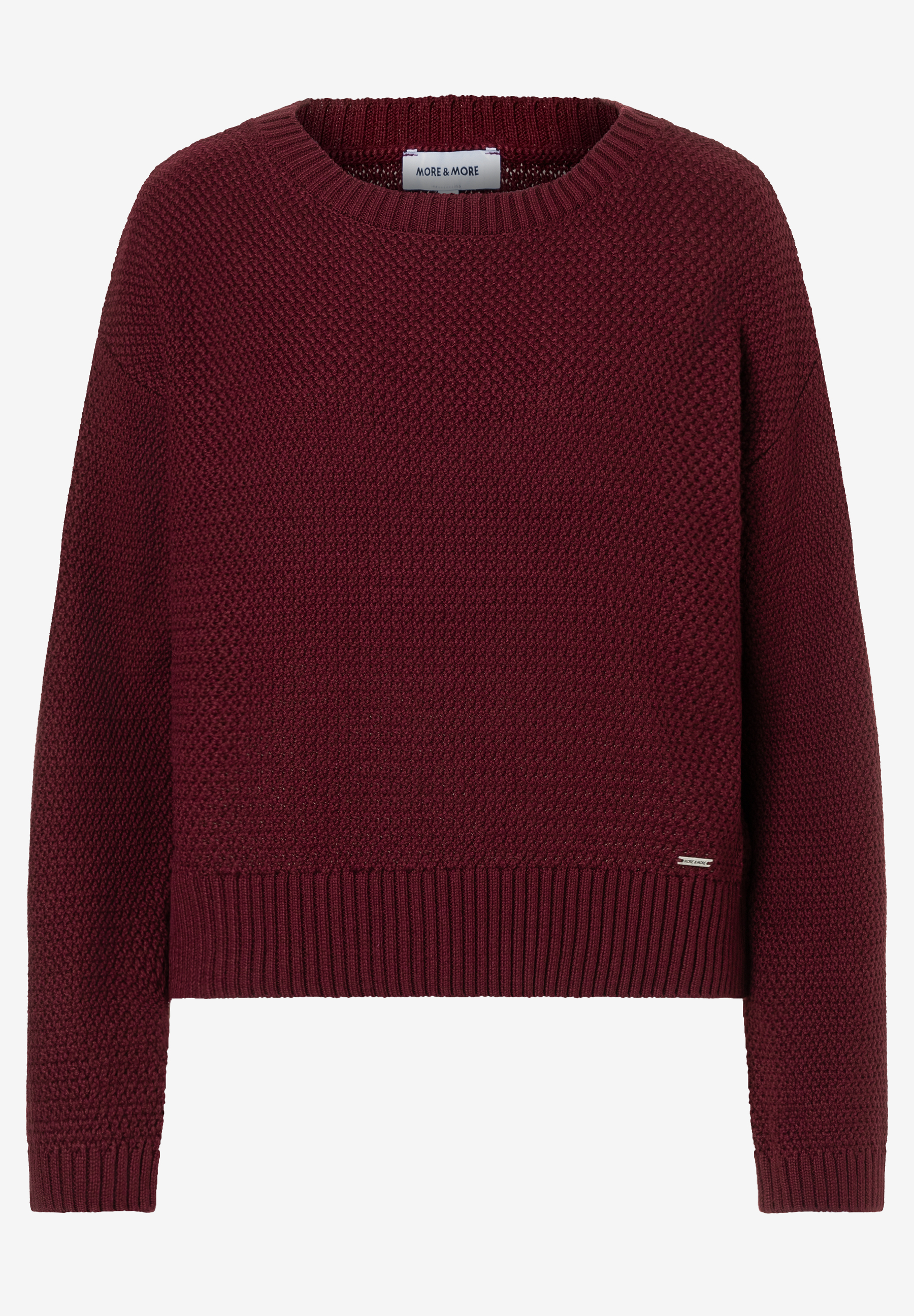 MORE & MORE dunkelroter Feinstrickpullover mit gerippten Bündchen an Saum, Ärmeln und Rundhalskragen