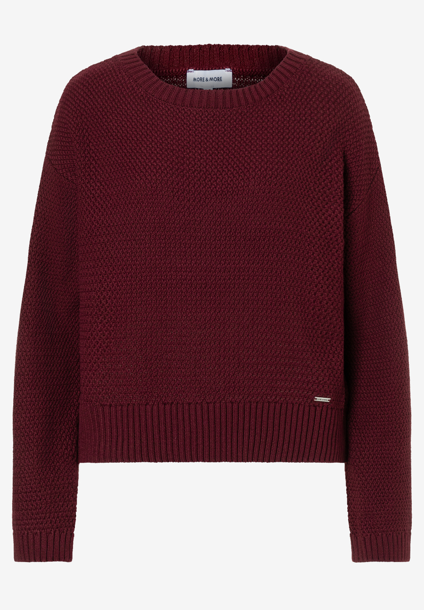 MORE & MORE dunkelroter Feinstrickpullover mit gerippten Bündchen an Saum, Ärmeln und Rundhalskragen MORE & MORE dunkelroter Feinstrickpullover mit gerippten Bündchen an Saum, Ärmeln und Rundhalskragen