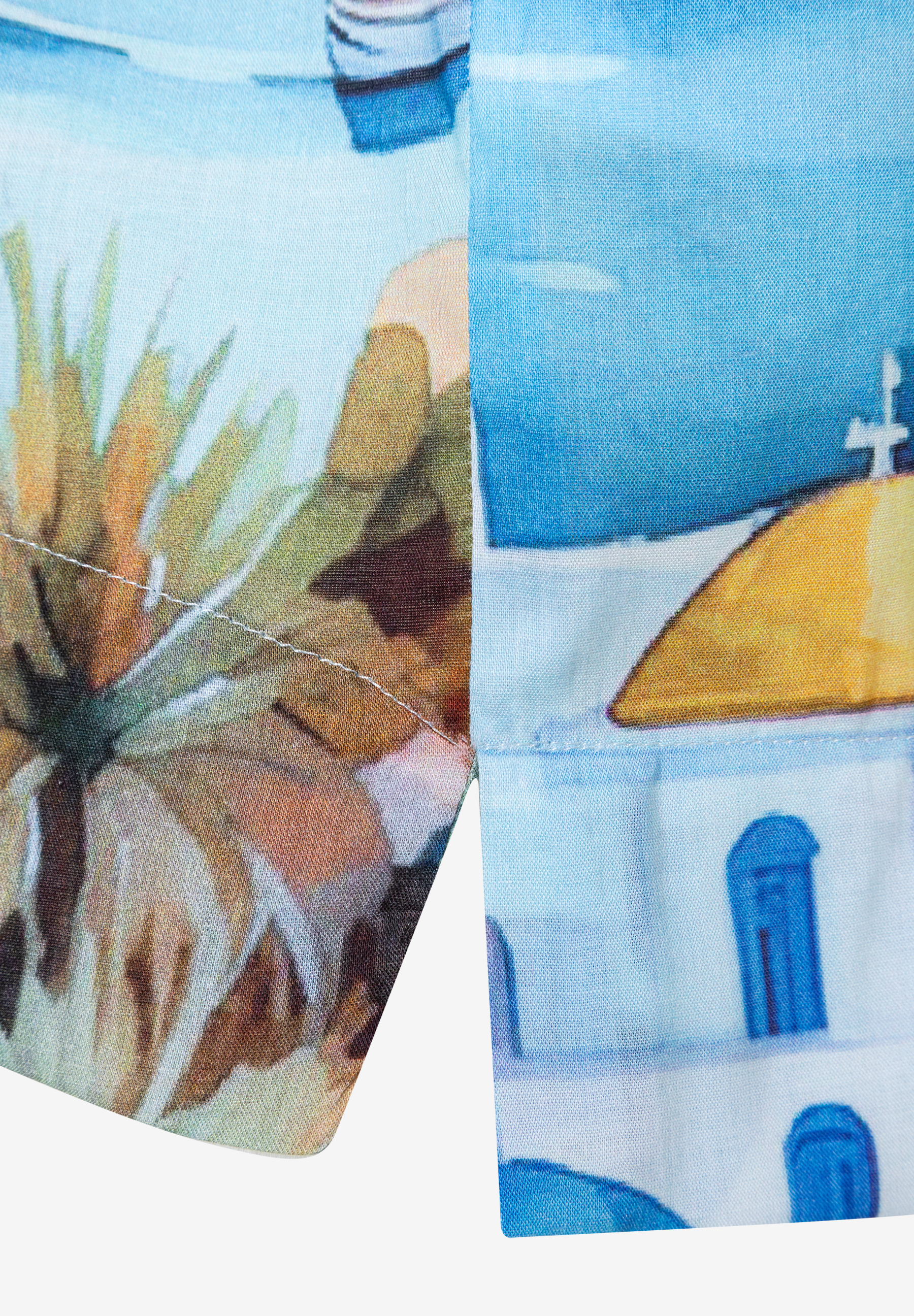MORE & MORE Bluse: Popeline-Stoff mit Griechenland-Print, Palmen & blauen Häusern. Bequemer Tragekomfort. MORE & MORE Bluse: Popeline-Stoff mit Griechenland-Print, Palmen & blauen Häusern. Bequemer Tragekomfort.