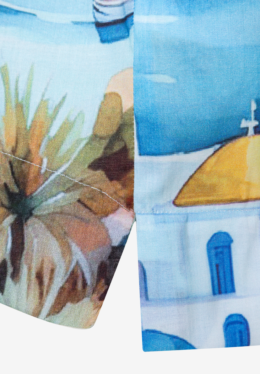 MORE & MORE Bluse: Popeline-Stoff mit Griechenland-Print, Palmen & blauen Häusern. Bequemer Tragekomfort. MORE & MORE Bluse: Popeline-Stoff mit Griechenland-Print, Palmen & blauen Häusern. Bequemer Tragekomfort.