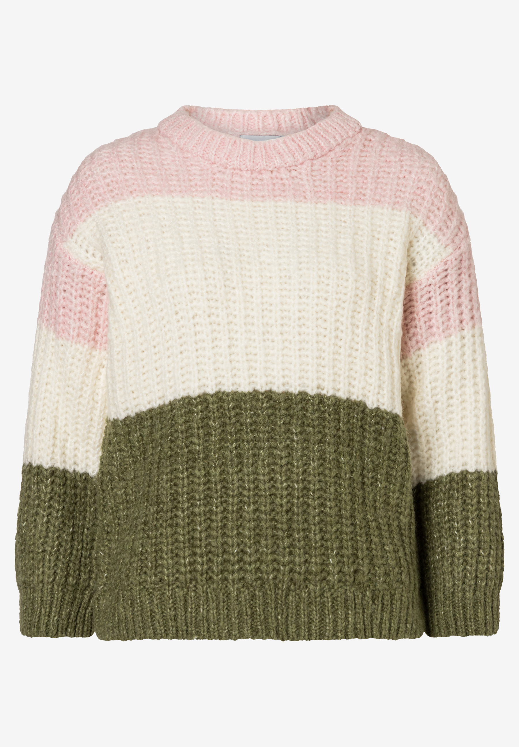 Ein MORE & MORE Strickpullover in Rosa, Weiß und Olivgrün mit Rippstrick-Textur. Ein MORE & MORE Strickpullover in Rosa, Weiß und Olivgrün mit Rippstrick-Textur.