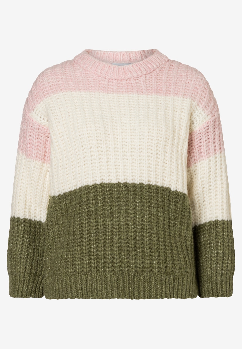 Ein MORE & MORE Strickpullover in Rosa, Weiß und Olivgrün mit Rippstrick-Textur. Ein MORE & MORE Strickpullover in Rosa, Weiß und Olivgrün mit Rippstrick-Textur.