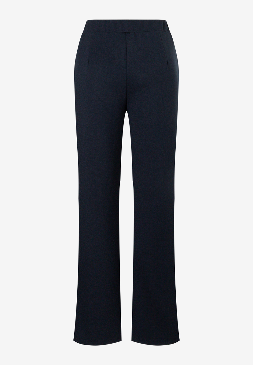 MORE & MORE Jeans: dunkelblaue Stoffhose mit ausgestelltem Bein und Bund ohne Verschluss. MORE & MORE Jeans: dunkelblaue Stoffhose mit ausgestelltem Bein und Bund ohne Verschluss.