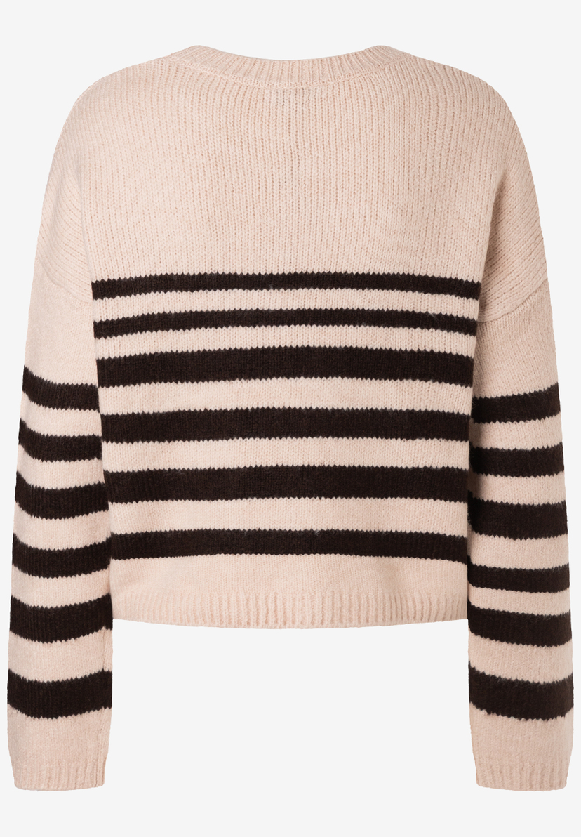 MORE & MORE Damen-Pullover: Beiger Strickpullover mit breiten, dunkelbraunen Querstreifen.