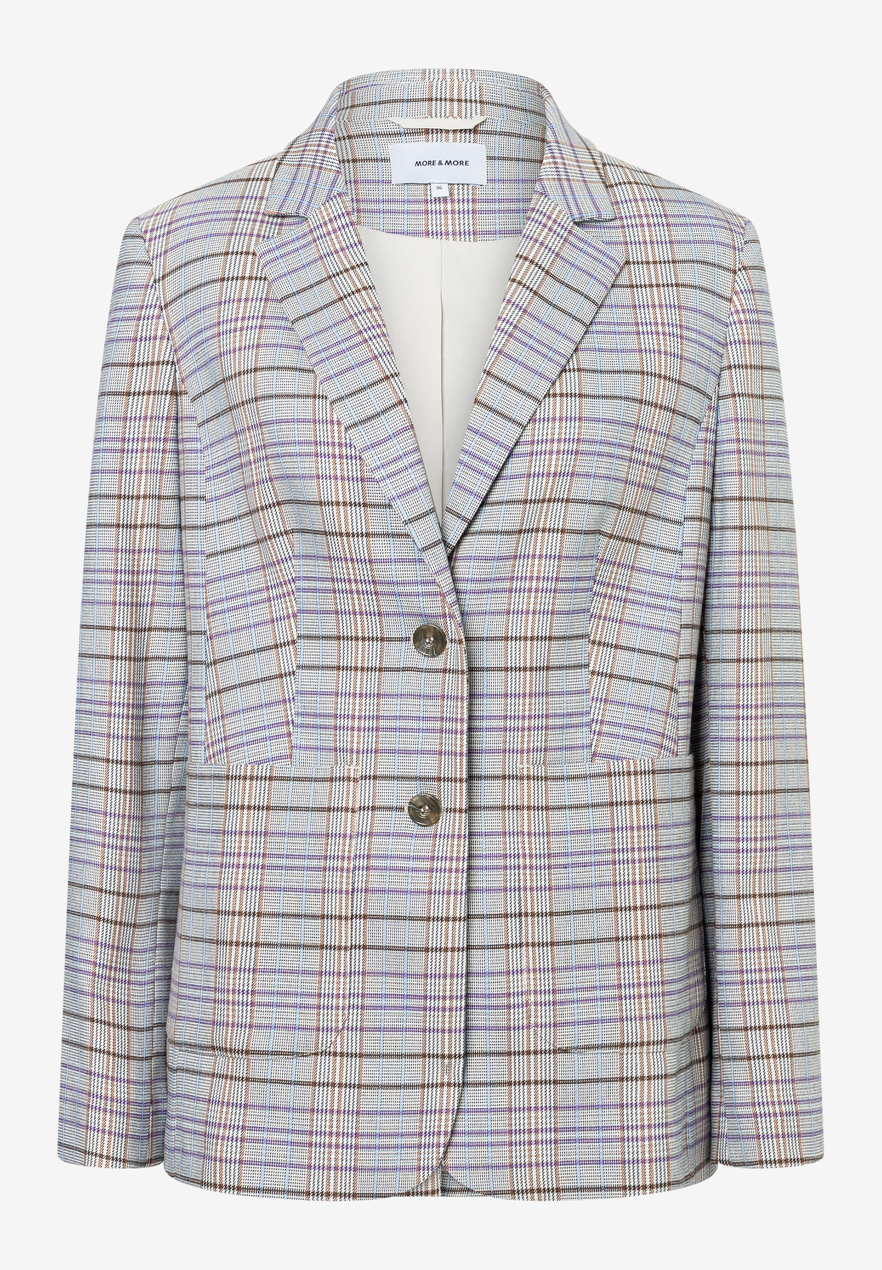 MORE & MORE Damen Blazer, hellgrau mit Karomuster in Lila, Braun & Hellblau, 2 Knöpfe, 2 Pattentaschen MORE & MORE Damen Blazer, hellgrau mit Karomuster in Lila, Braun & Hellblau, 2 Knöpfe, 2 Pattentaschen