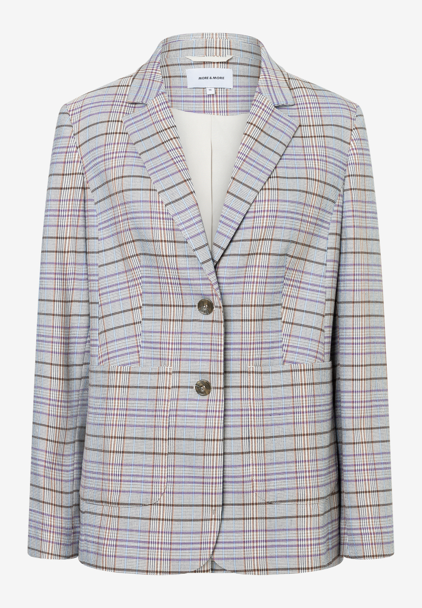 MORE & MORE Damen Blazer, hellgrau mit Karomuster in Lila, Braun & Hellblau, 2 Knöpfe, 2 Pattentaschen MORE & MORE Damen Blazer, hellgrau mit Karomuster in Lila, Braun & Hellblau, 2 Knöpfe, 2 Pattentaschen