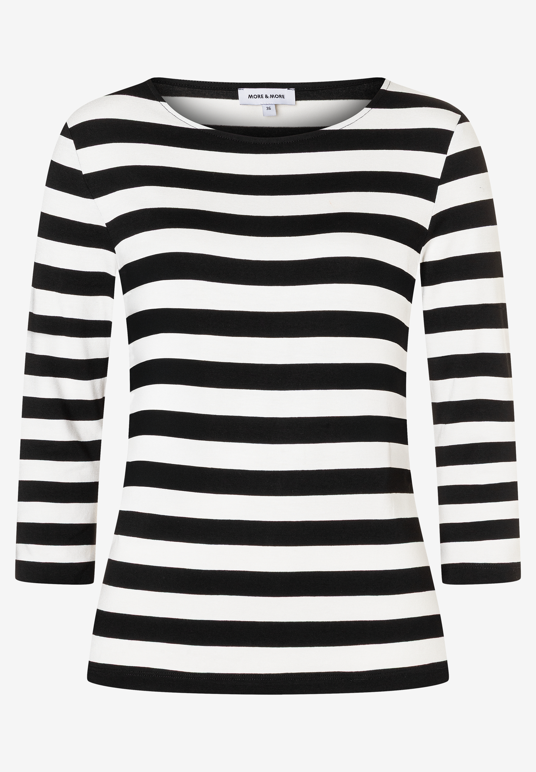 Ein schwarz-weiß gestreiftes T-Shirt von MORE & MORE mit Dreiviertelärmeln liegt auf einem weißen Hintergrund. Ein schwarz-weiß gestreiftes T-Shirt von MORE & MORE mit Dreiviertelärmeln liegt auf einem weißen Hintergrund.