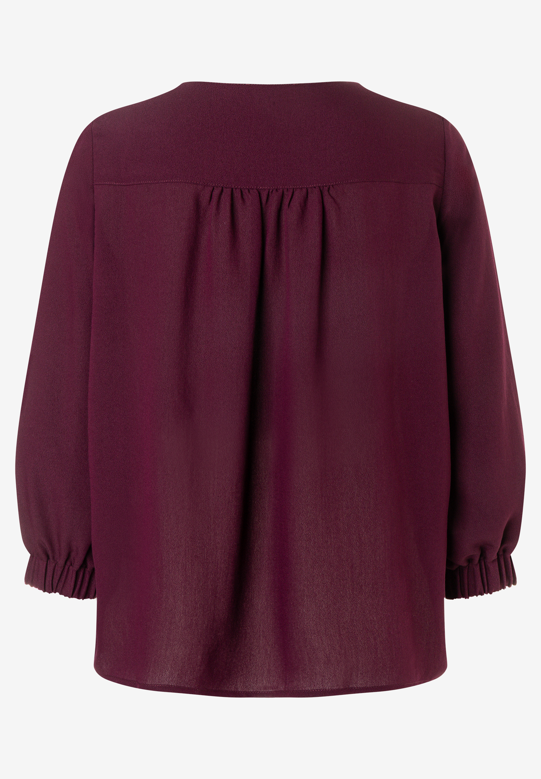 MORE & MORE Bluse in Dunkelrot, Rückansicht mit Raffung im oberen Bereich und an den Ärmelsäumen. MORE & MORE Bluse in Dunkelrot, Rückansicht mit Raffung im oberen Bereich und an den Ärmelsäumen.