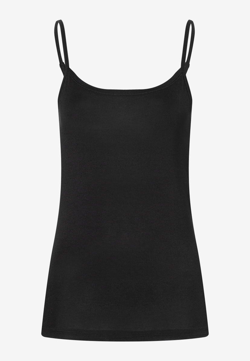 Ein schwarzes MORE & MORE Jersey Top mit dünnen Trägern vor neutralem Hintergrund. Ein schwarzes MORE & MORE Jersey Top mit dünnen Trägern vor neutralem Hintergrund.