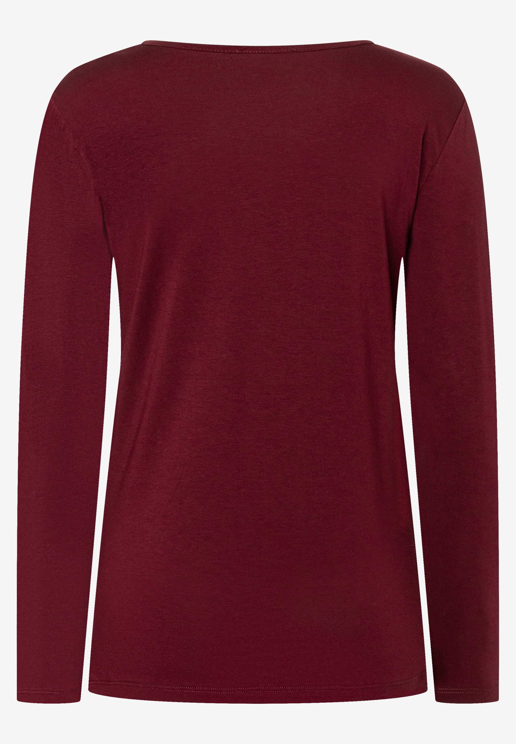 MORE & MORE Damen Langarmshirt in Dunkelrot, ein schlichtes Oberteil mit U-Boot-Ausschnitt, Rückansicht.