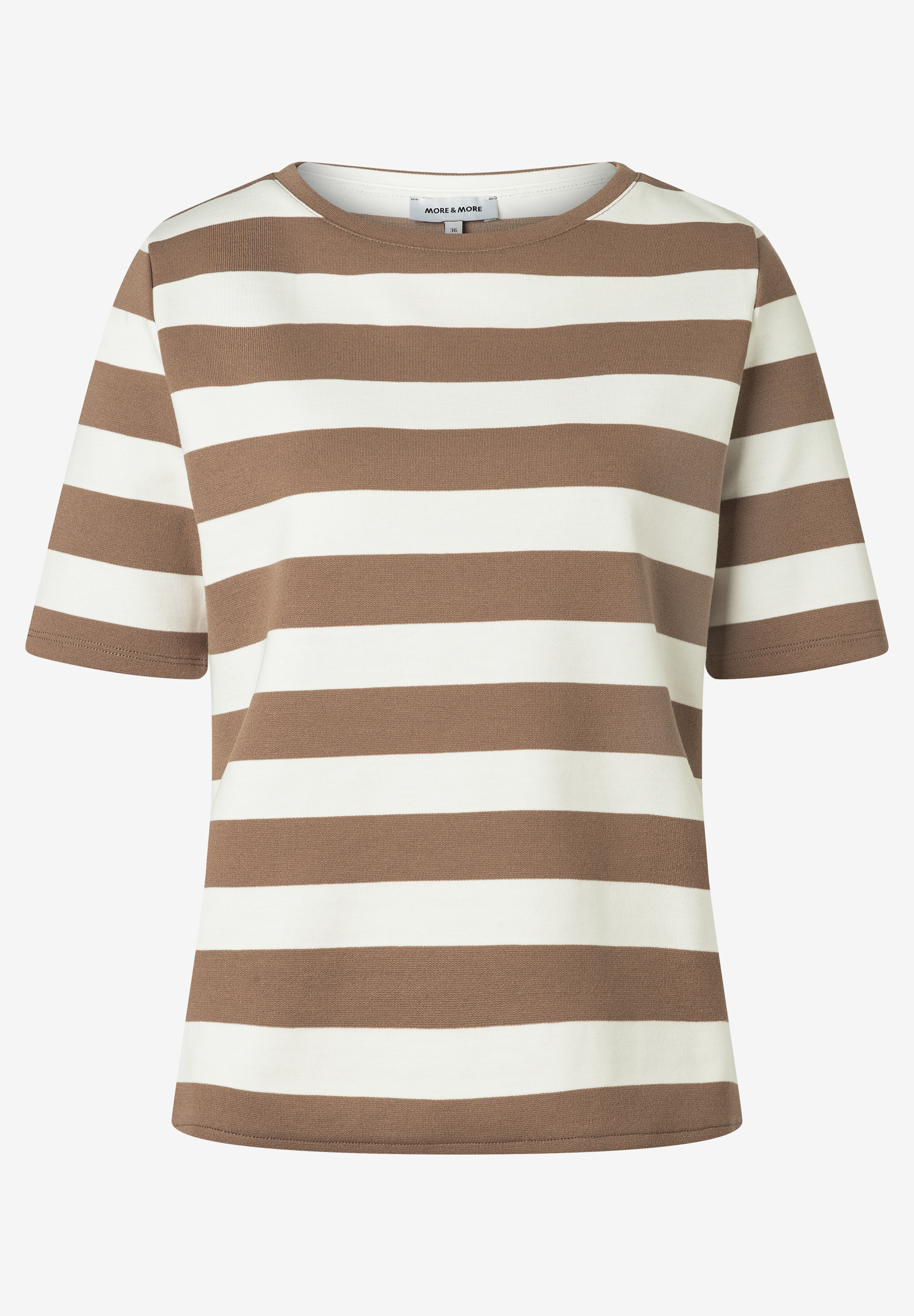 Ein gestreiftes MORE & MORE T-Shirt in Beige und Weiß. Ein gestreiftes MORE & MORE T-Shirt in Beige und Weiß.