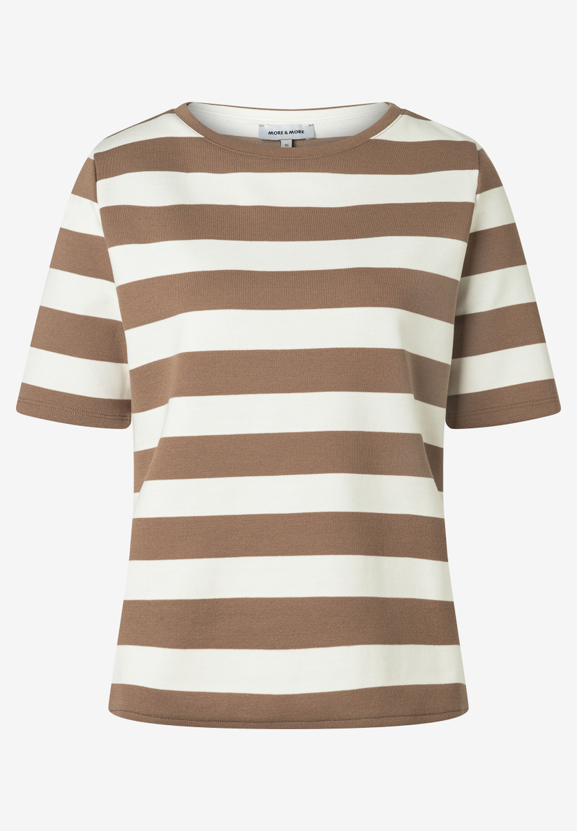 Ein gestreiftes MORE & MORE T-Shirt in Beige und Weiß. Ein gestreiftes MORE & MORE T-Shirt in Beige und Weiß.