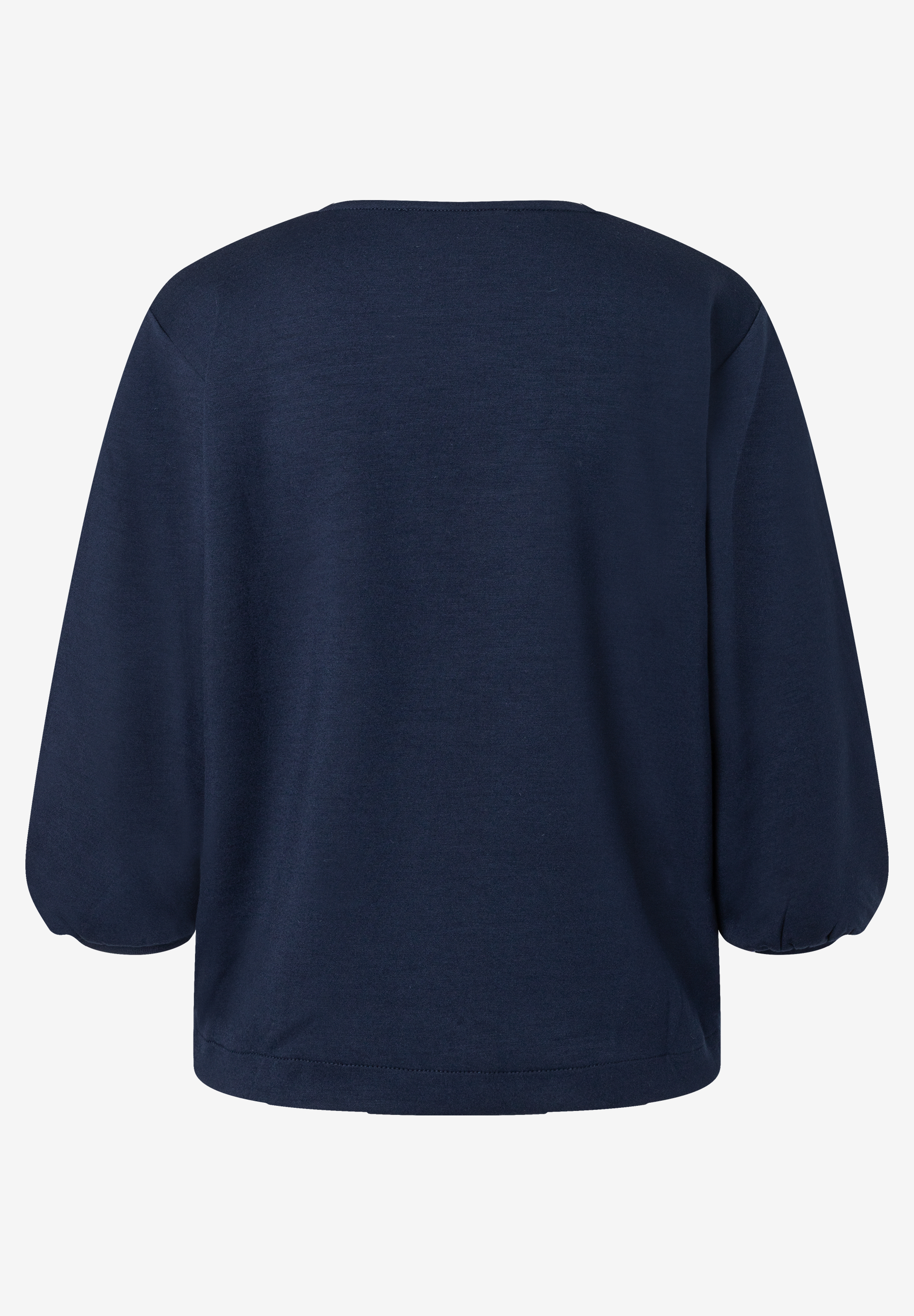 MORE & MORE dunkelblaues Sweatshirt von hinten mit V-Ausschnitt, 3/4-Ärmeln und Gummizug an den Ärmelbündchen. MORE & MORE dunkelblaues Sweatshirt von hinten mit V-Ausschnitt, 3/4-Ärmeln und Gummizug an den Ärmelbündchen.