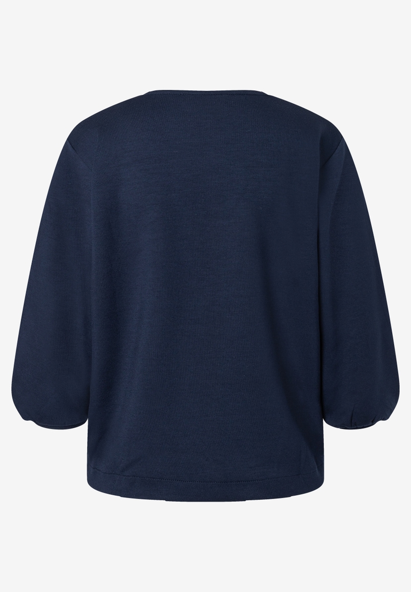 MORE & MORE Damen-Sweatshirt aus dunkelblauem Sweat-Material mit 3/4-Ärmeln und Gummizug am Bund, Rückansicht. MORE & MORE Damen-Sweatshirt aus dunkelblauem Sweat-Material mit 3/4-Ärmeln und Gummizug am Bund, Rückansicht.