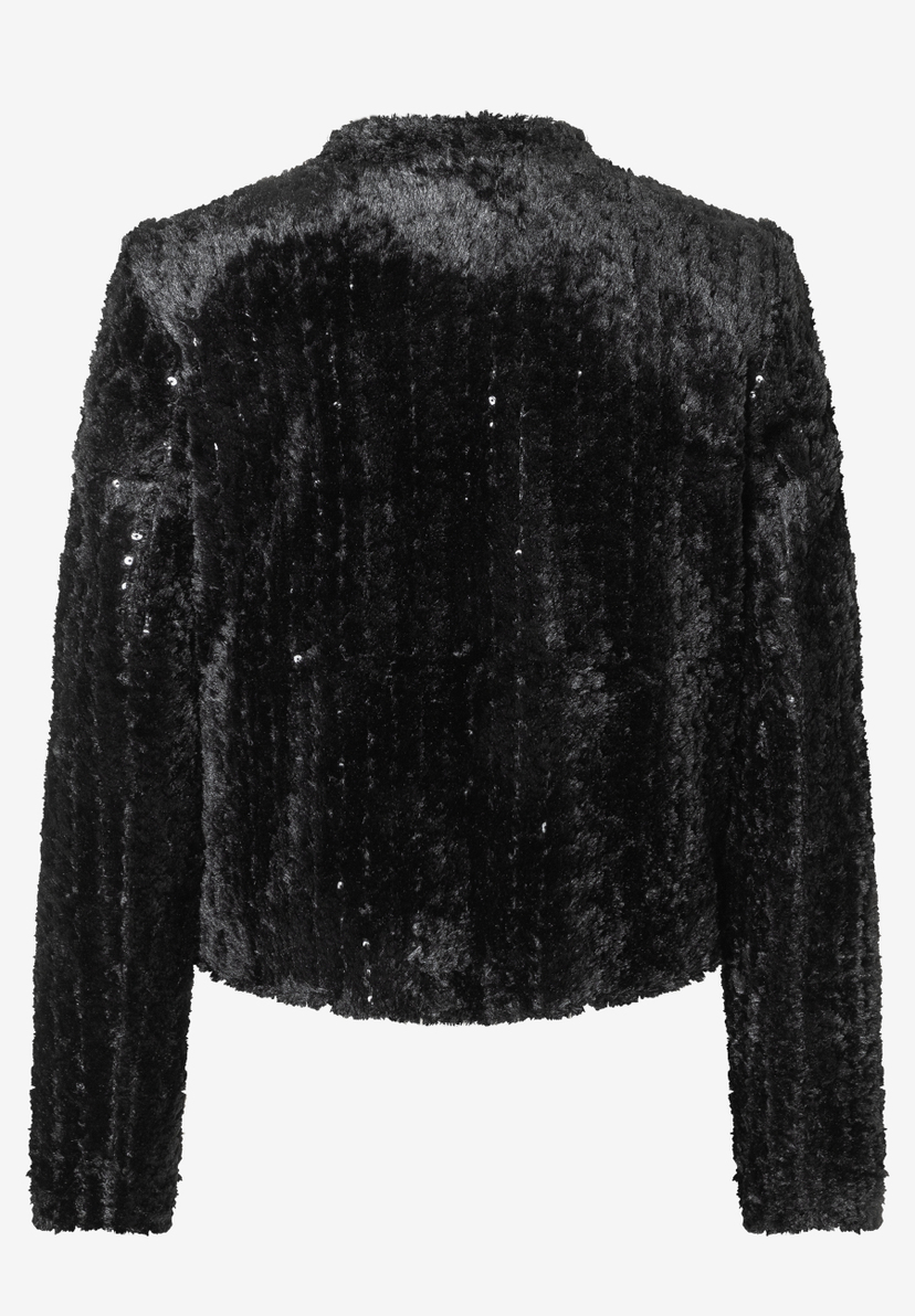 Rückansicht eines schwarzen MORE & MORE Blasers mit dezentem Glanz. Rückansicht eines schwarzen MORE & MORE Blasers mit dezentem Glanz.