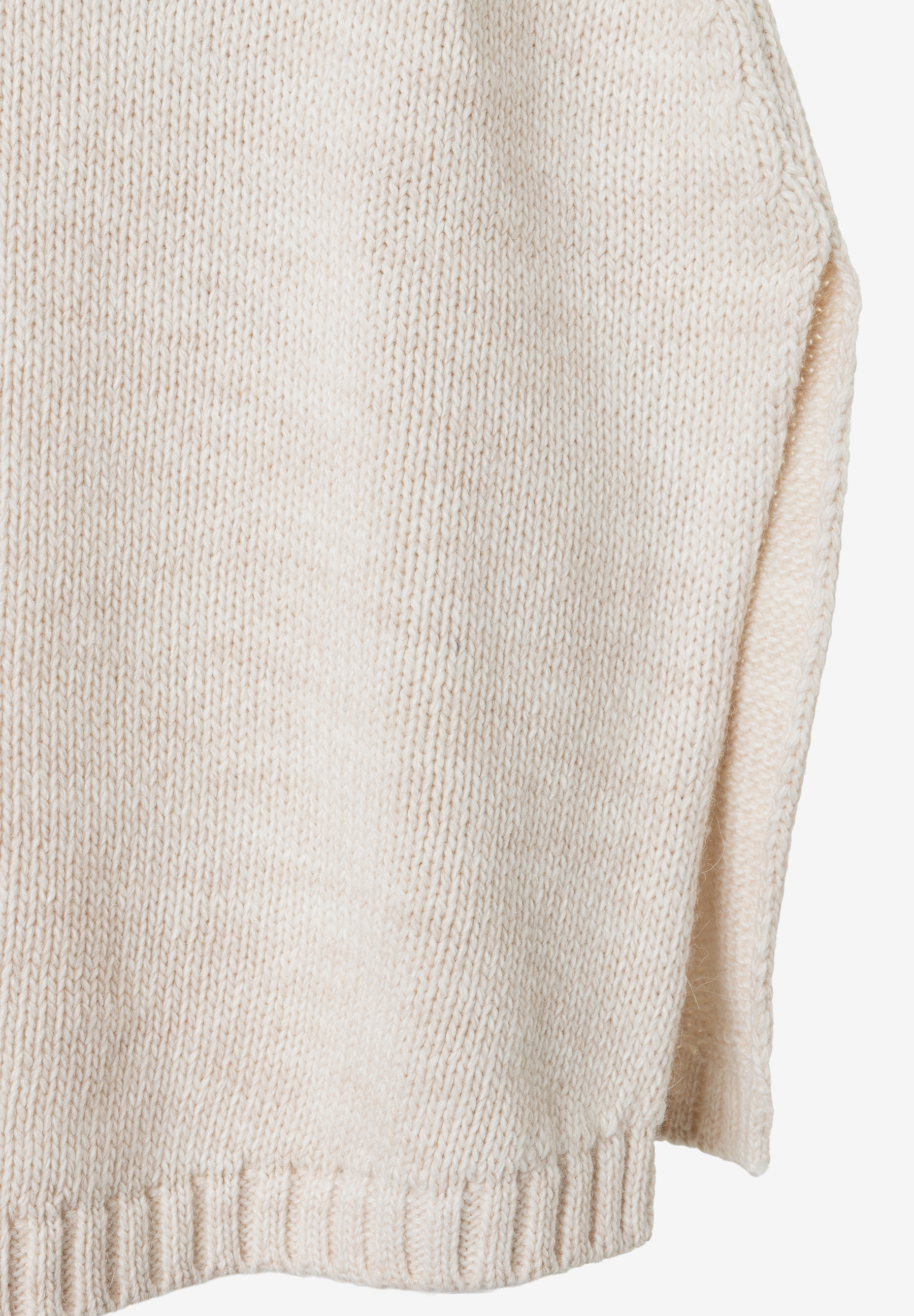 MORE & MORE beiger Grobstrickpullover mit Rippbündchen, von vorne aufgenommen