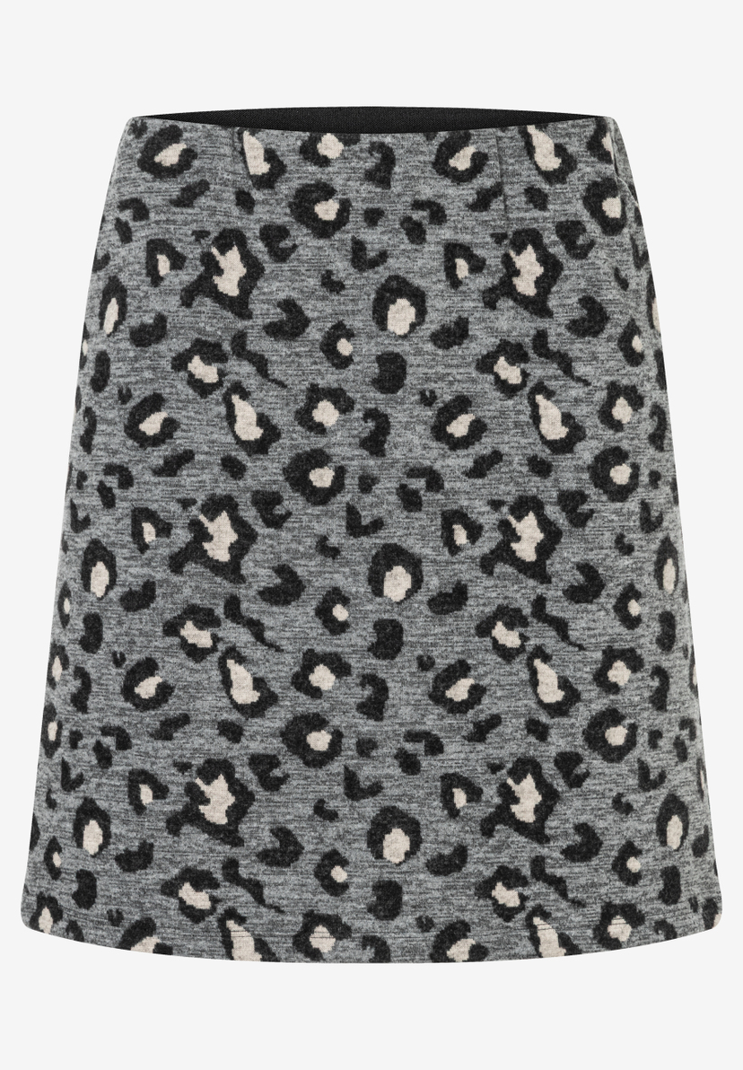 Ein grauer MORE & MORE Rock mit schwarzem und beigem Leopardenmuster vor neutralem Hintergrund. Ein grauer MORE & MORE Rock mit schwarzem und beigem Leopardenmuster vor neutralem Hintergrund.