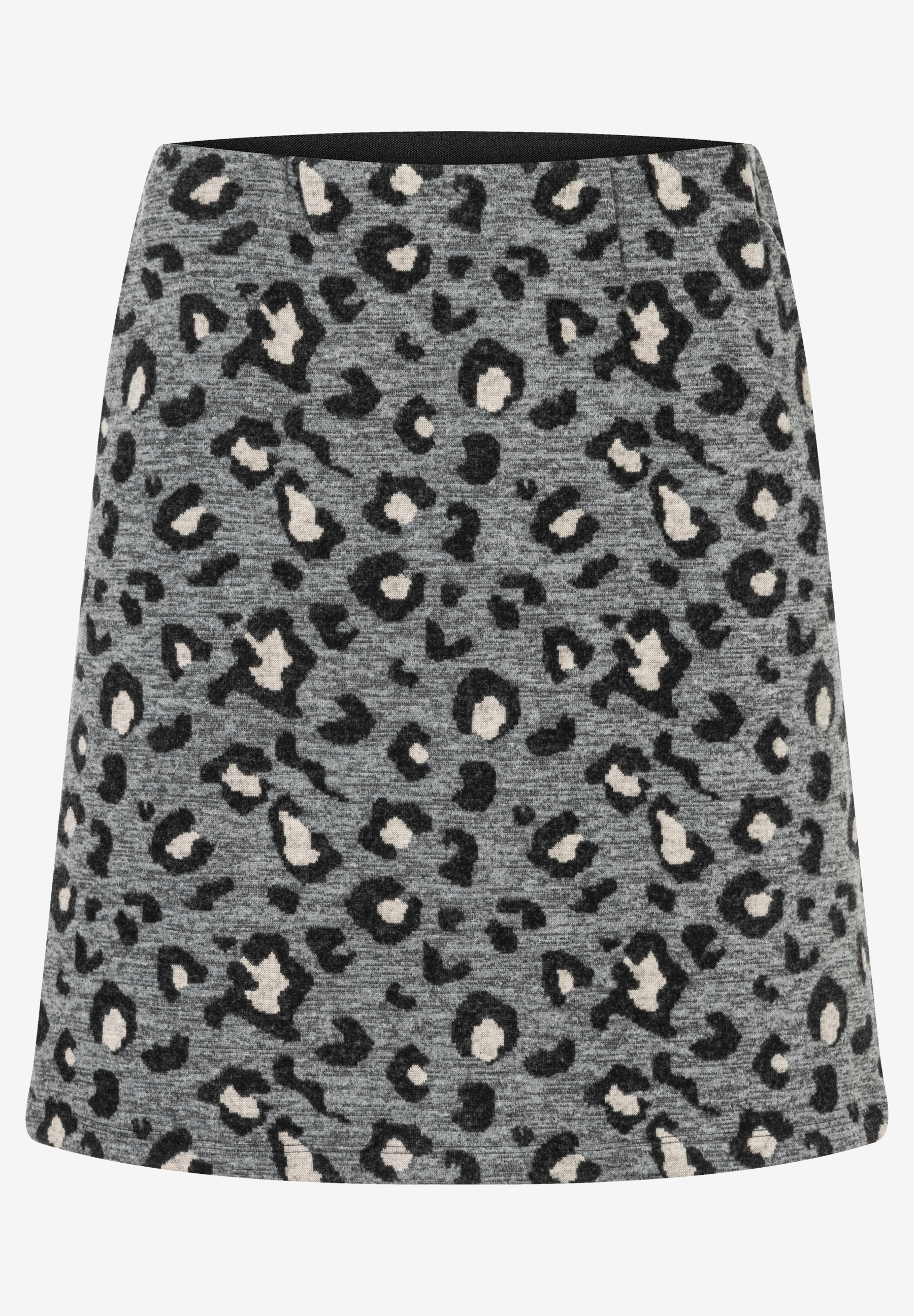 Ein grauer MORE & MORE Rock mit schwarzem und beigem Leopardenmuster vor neutralem Hintergrund. Ein grauer MORE & MORE Rock mit schwarzem und beigem Leopardenmuster vor neutralem Hintergrund.