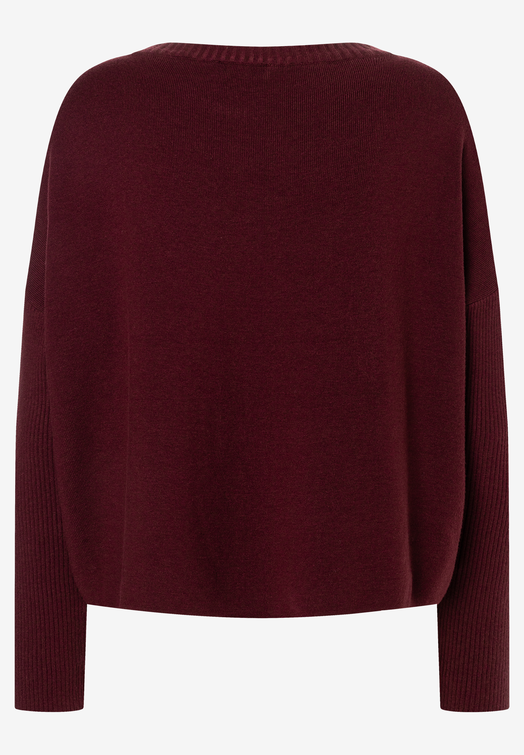 MORE & MORE Damen-Pullover aus Strick in Dunkelrot, Rückansicht. Rippbündchen an Ärmeln und Saum.