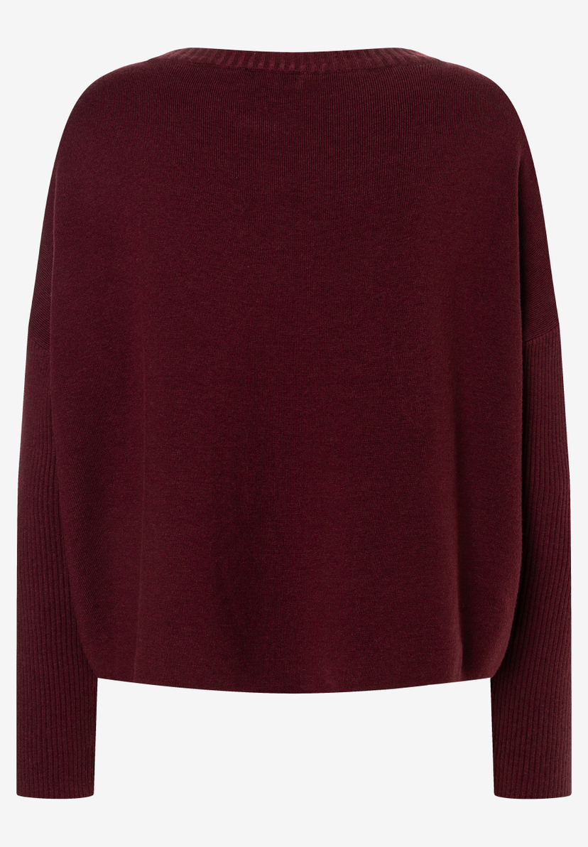 MORE & MORE Damen-Pullover aus Strick in Dunkelrot, Rückansicht. Rippbündchen an Ärmeln und Saum. MORE & MORE Damen-Pullover aus Strick in Dunkelrot, Rückansicht. Rippbündchen an Ärmeln und Saum.