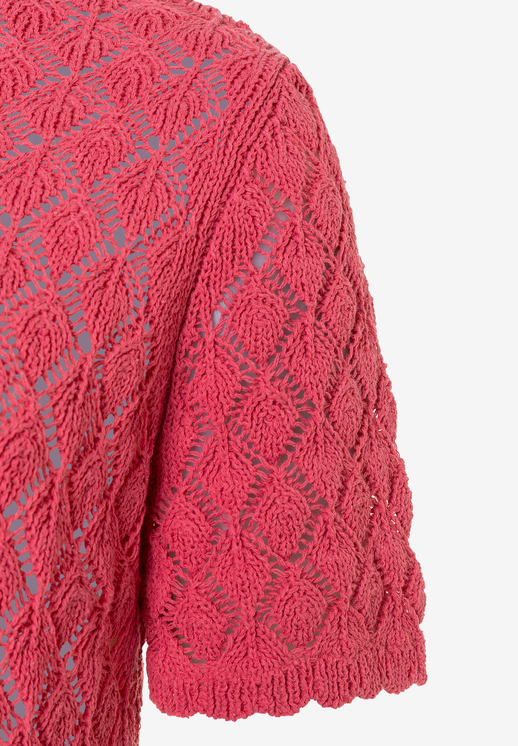 Nahaufnahme eines roten, leicht transparenten Lochstrick-Pullovers von MORE & MORE, der angenehmen Tragekomfort bietet. Nahaufnahme eines roten, leicht transparenten Lochstrick-Pullovers von MORE & MORE, der angenehmen Tragekomfort bietet.