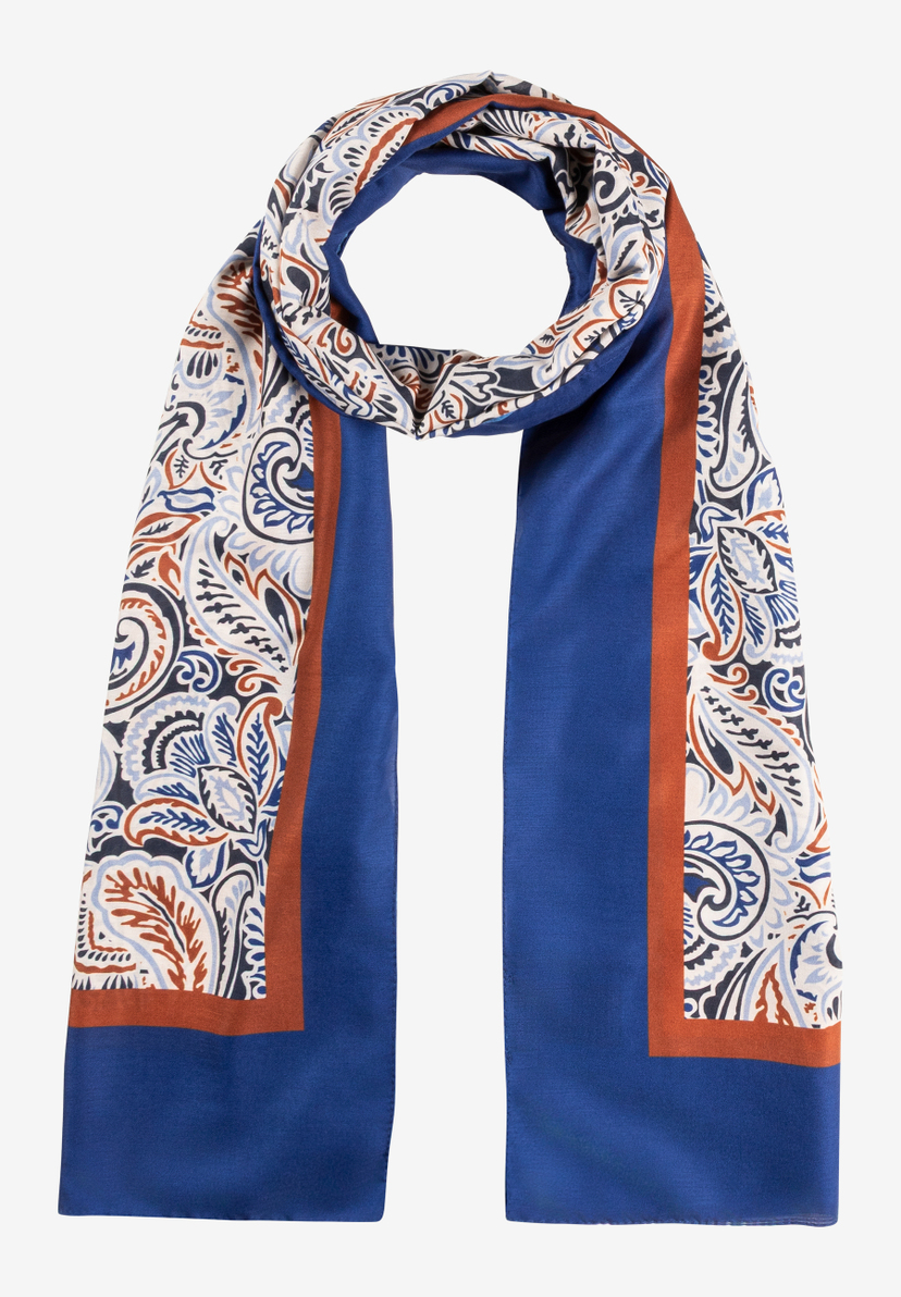 MORE & MORE Schal: Blau mit hellen Paisley-Mustern und rostfarbenen Akzenten. Ein modisches Accessoire. MORE & MORE Schal: Blau mit hellen Paisley-Mustern und rostfarbenen Akzenten. Ein modisches Accessoire.