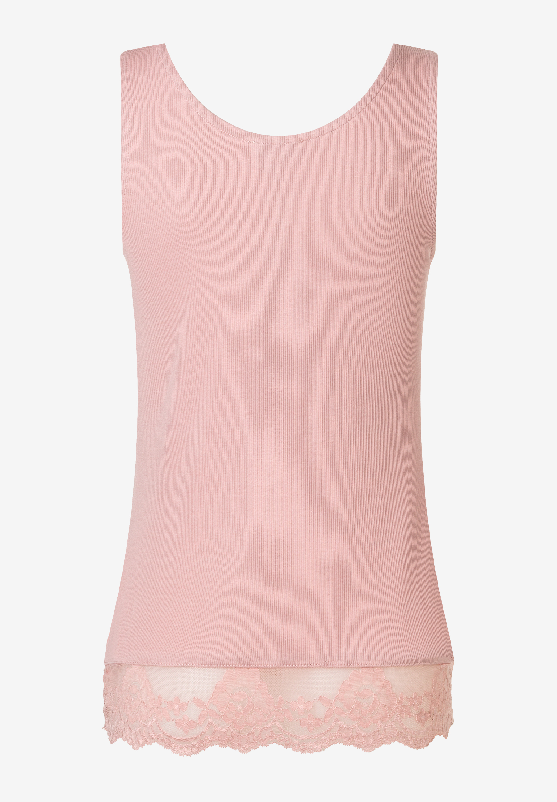 MORE & MORE Ripp-Top in Rosa mit Spitzenbesatz. Ein figurbetontes Oberteil für jeden Tag.